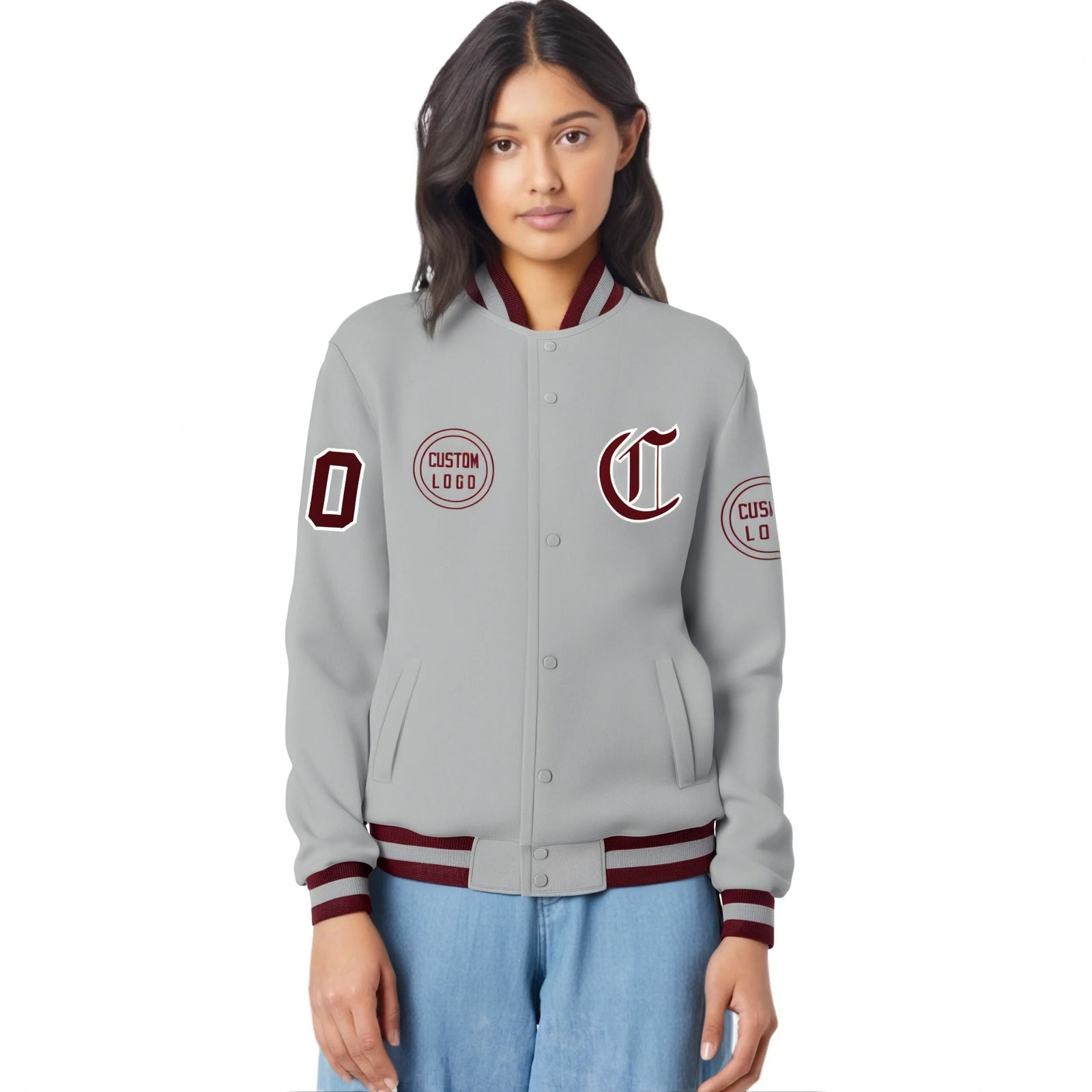 Custom Gray Crimson-Gray Bomber Full-Snap Varsity Letterman Jacket