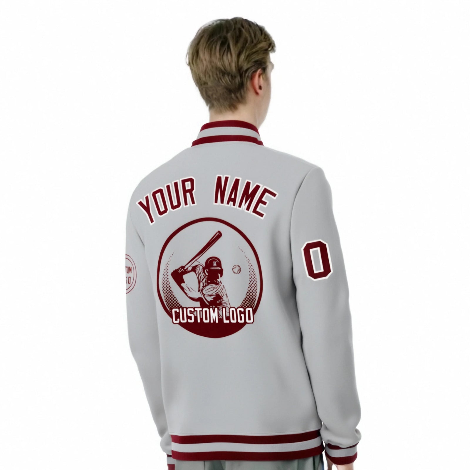 Custom Gray Crimson-Gray Bomber Full-Snap Varsity Letterman Jacket