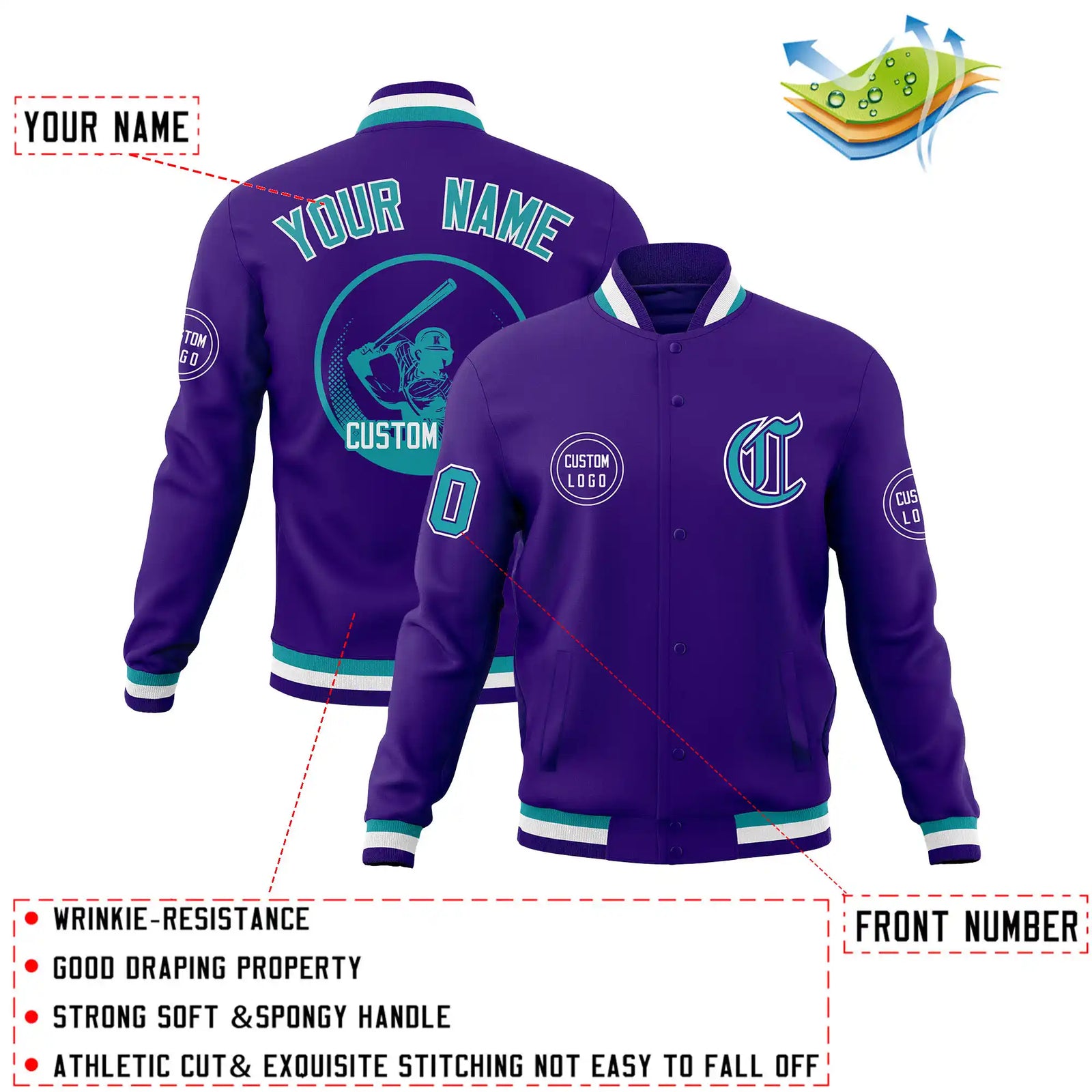 Custom Purple Aqua-White Bomber Full-Snap Varsity Letterman Jacket