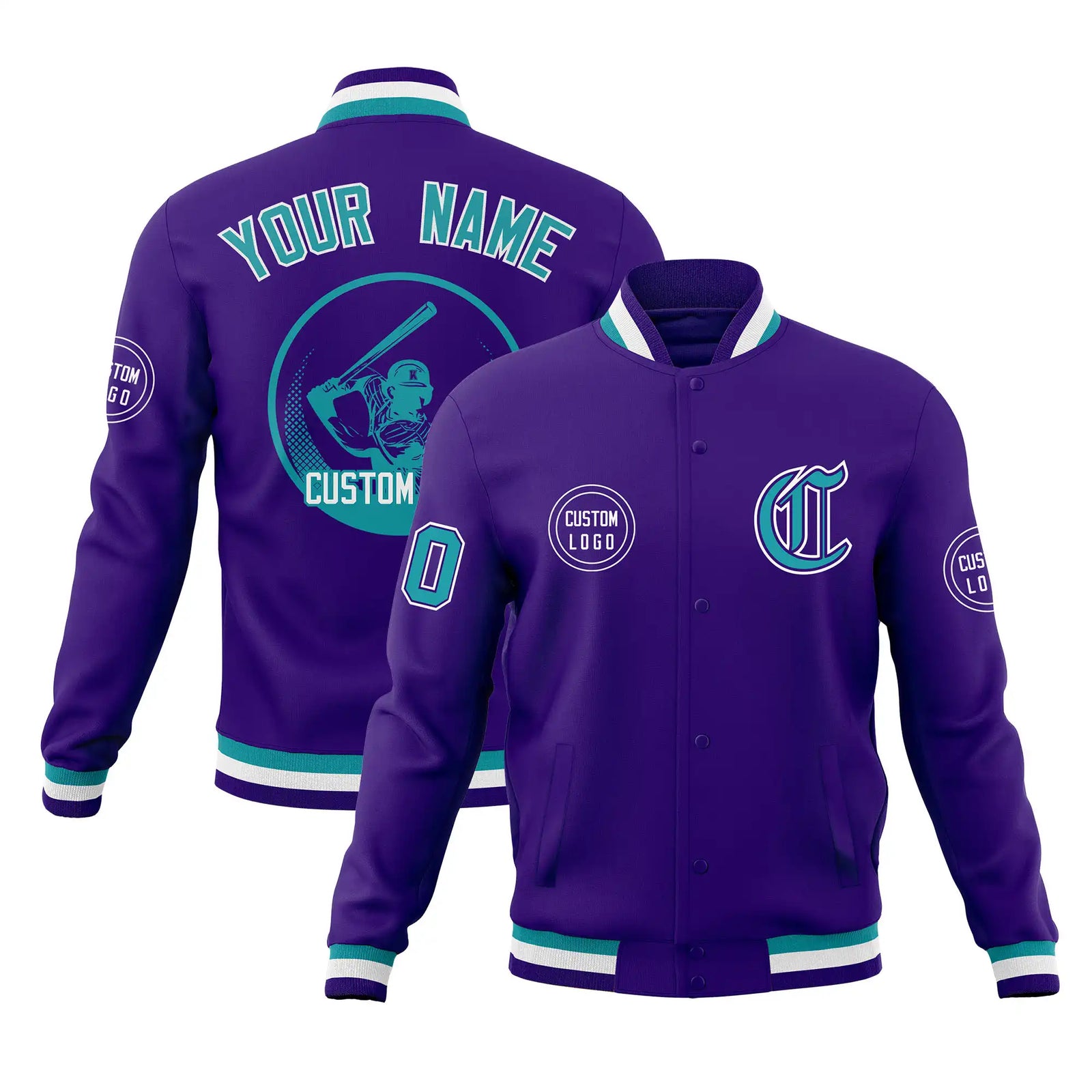 Custom Purple Aqua-White Bomber Full-Snap Varsity Letterman Jacket