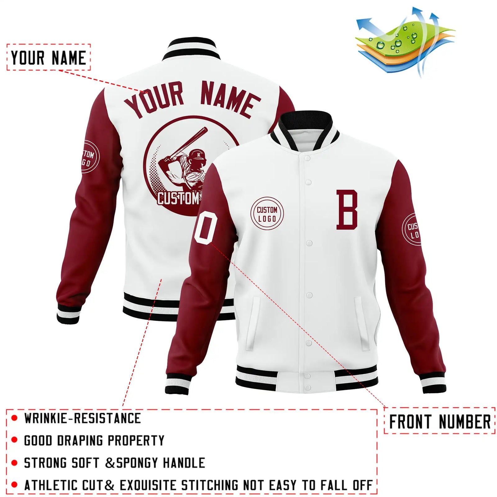 Custom White Crimson Bomber Full-Snap Varsity Letterman Two Tone Jacket