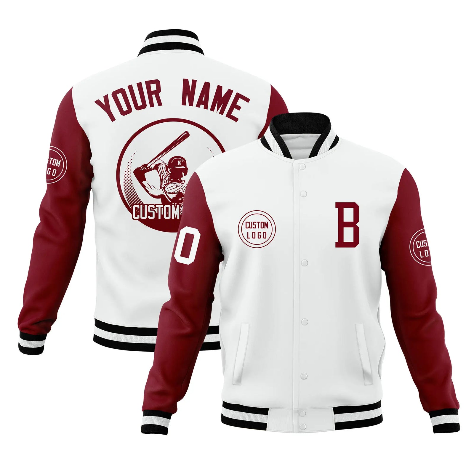 Custom White Crimson Bomber Full-Snap Varsity Letterman Two Tone Jacket