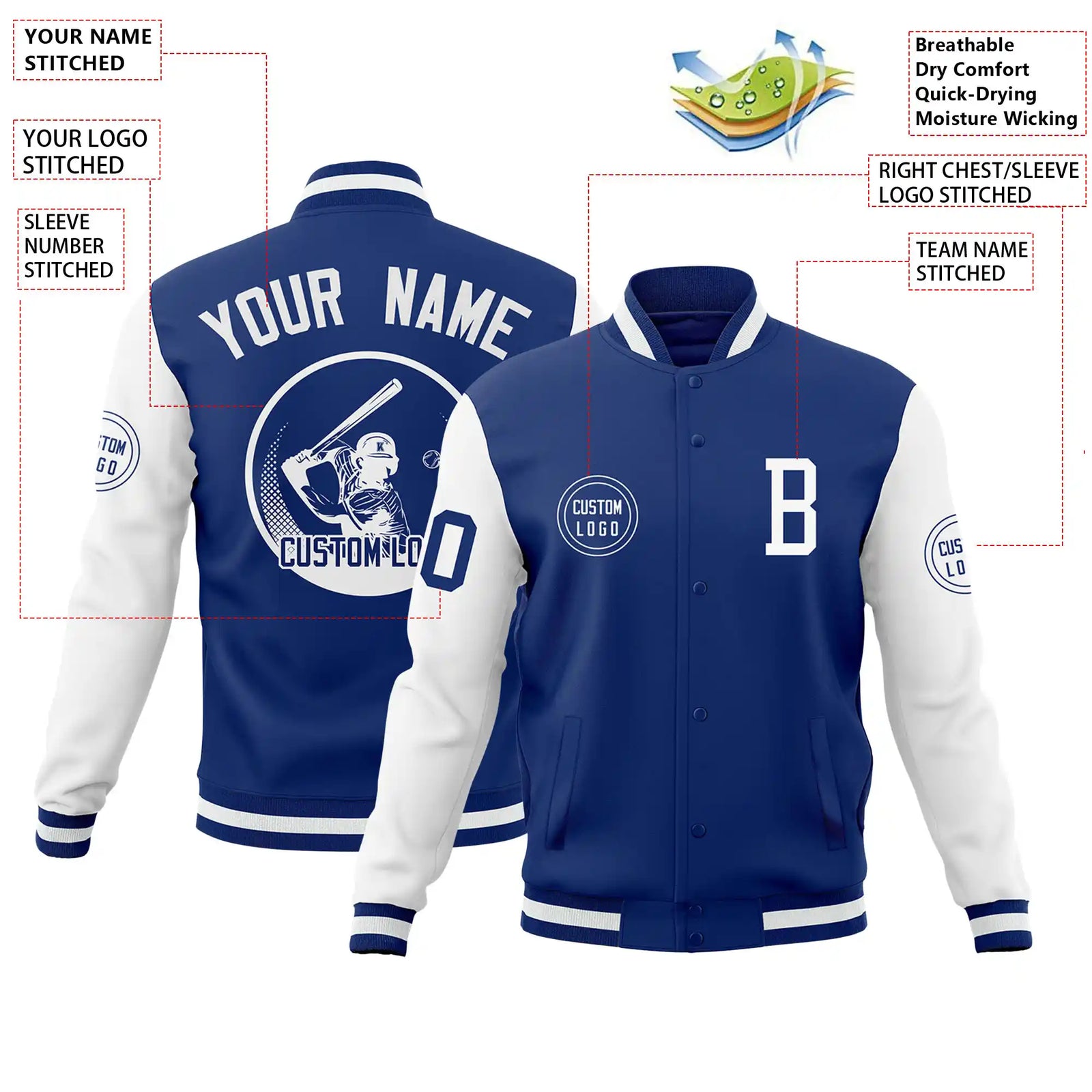 Custom Royal Blue White Bomber Full-Snap Varsity Letterman Two Tone Jacket