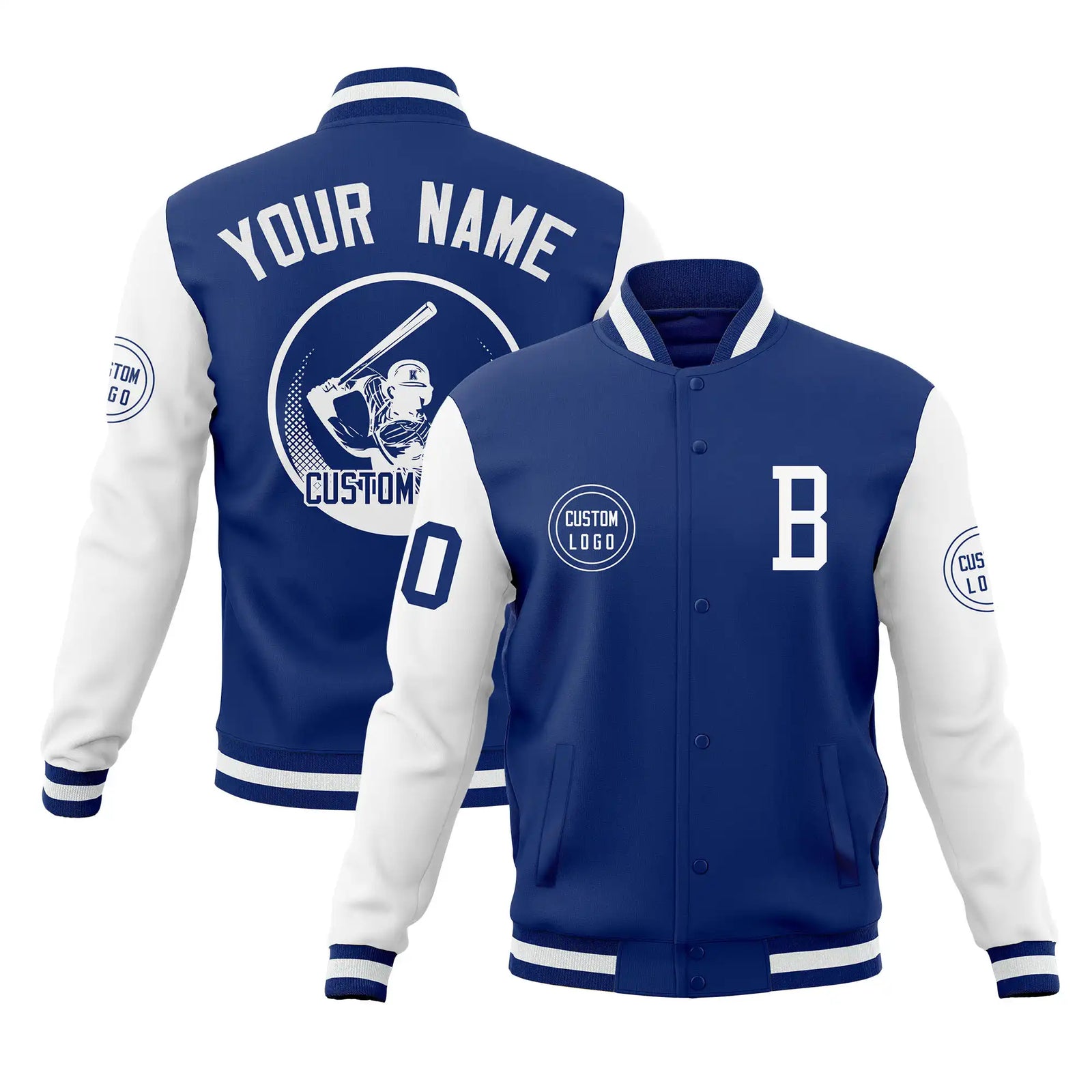 Custom Royal Blue White Bomber Full-Snap Varsity Letterman Two Tone Jacket