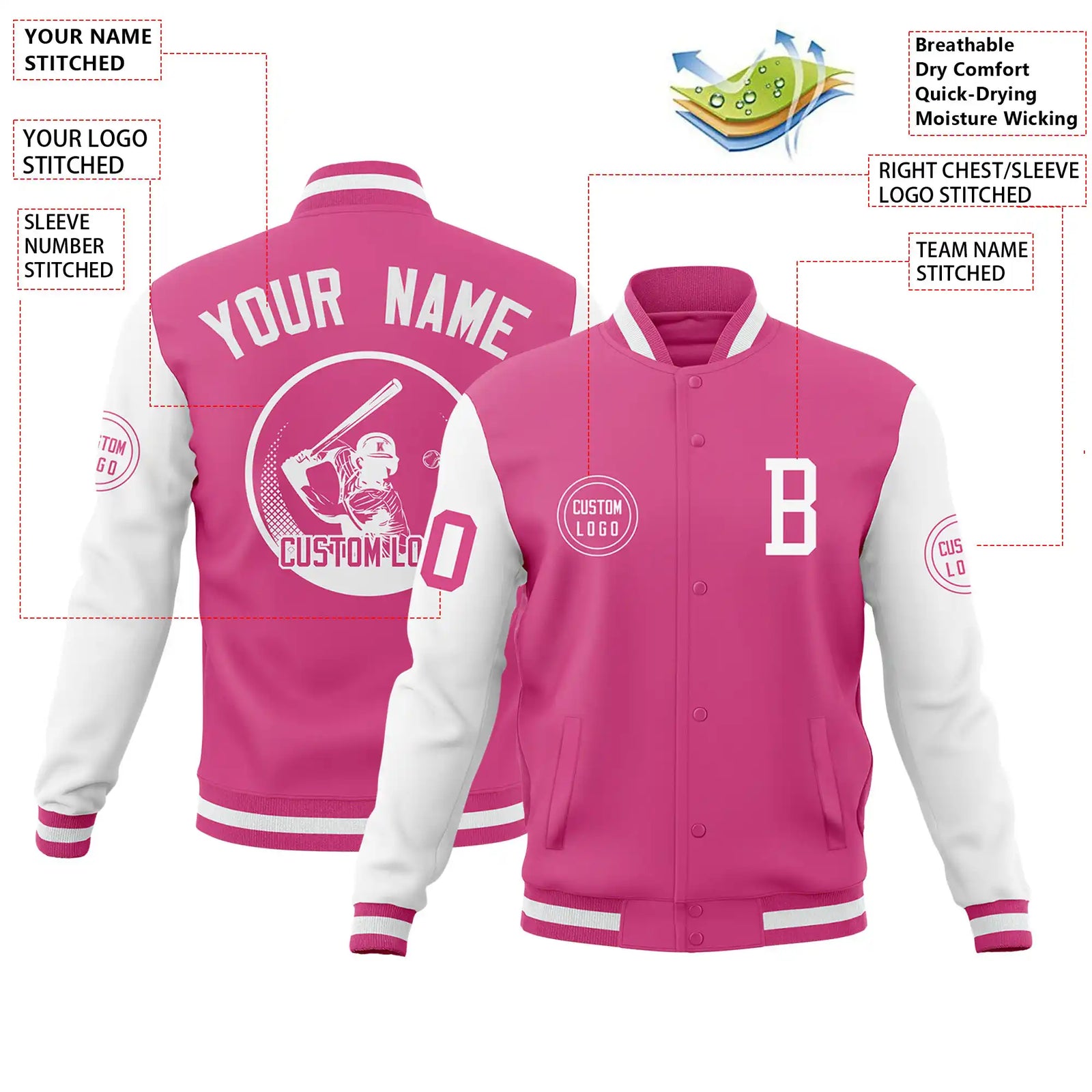 Custom Pink White Bomber Full-Snap Varsity Letterman Two Tone Jacket