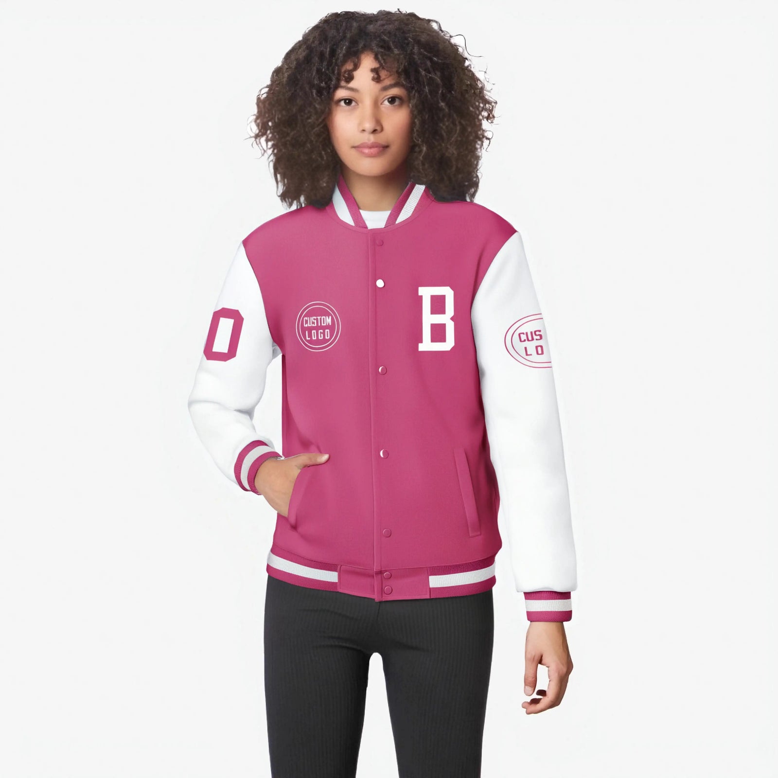 Custom Pink White Bomber Full-Snap Varsity Letterman Two Tone Jacket