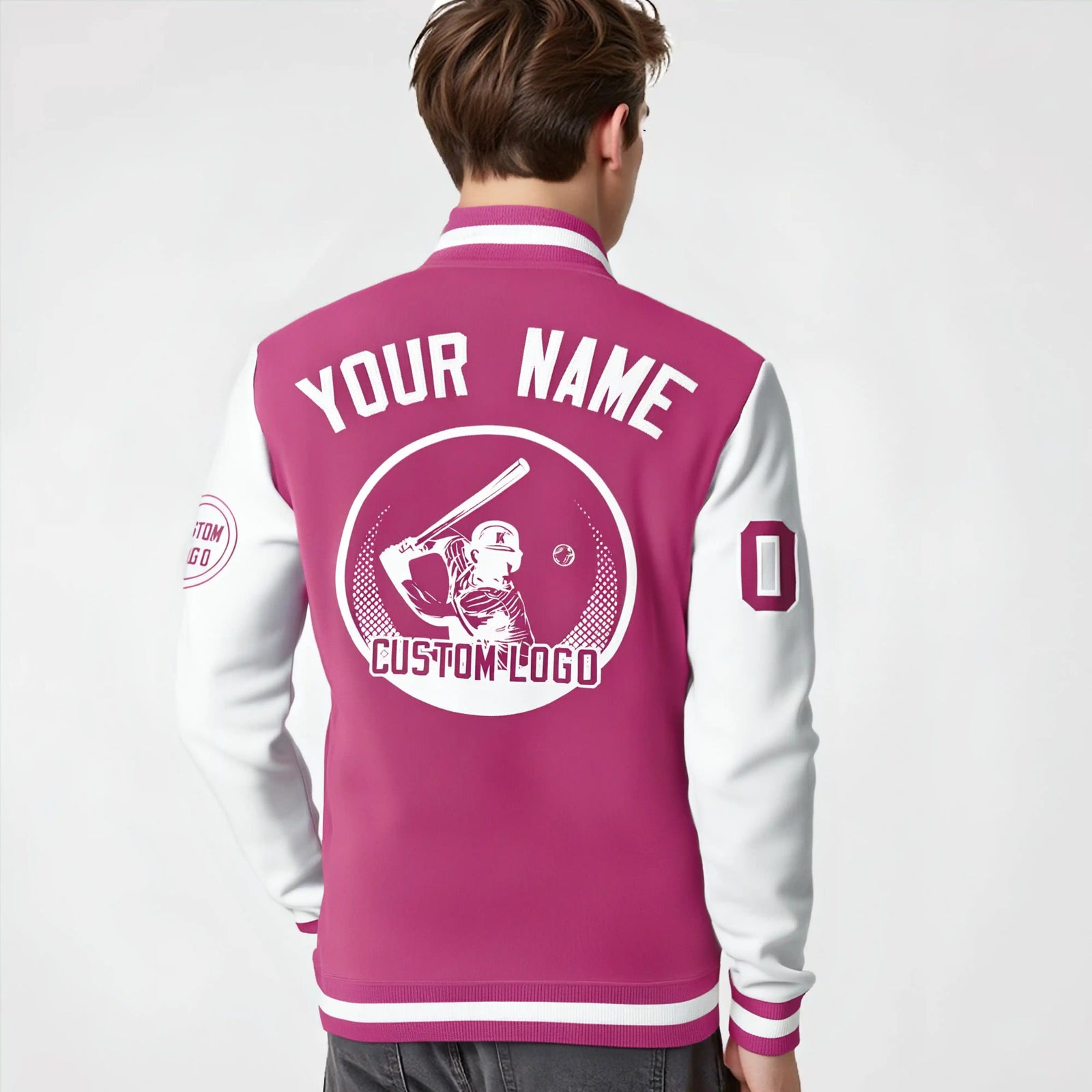 Custom Pink White Bomber Full-Snap Varsity Letterman Two Tone Jacket