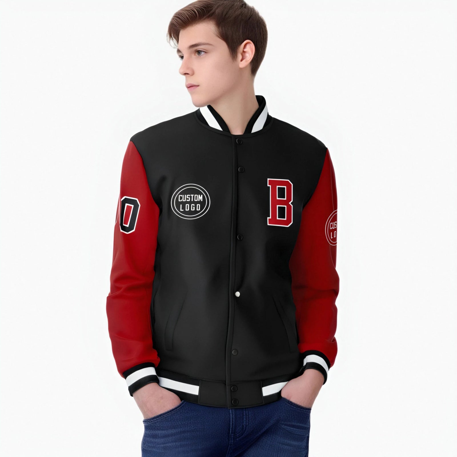 Custom Black Red Bomber Full-Snap Varsity Letterman Two Tone Jacket