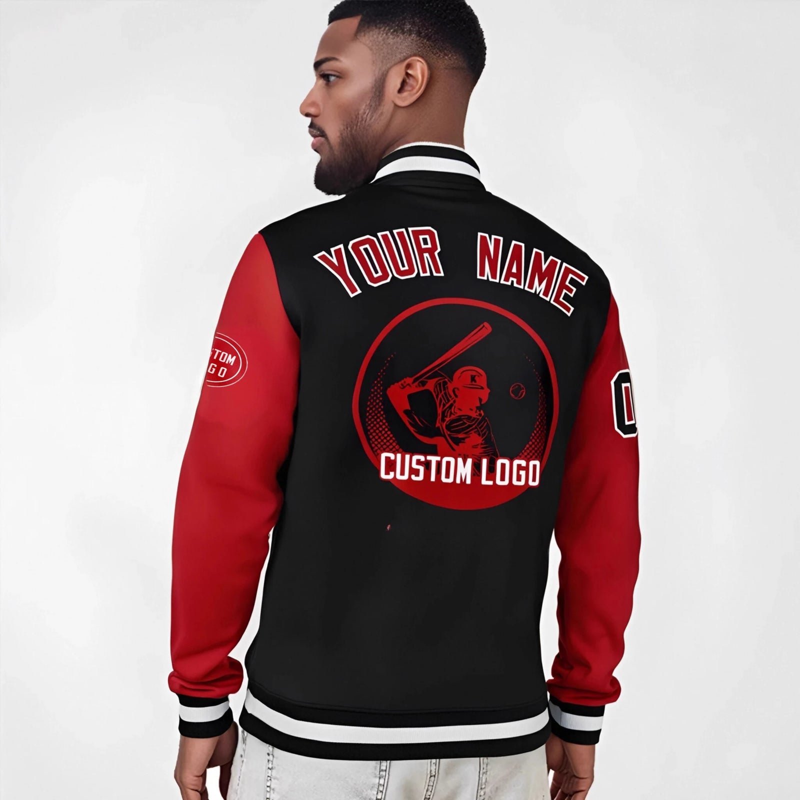 Custom Black Red Bomber Full-Snap Varsity Letterman Two Tone Jacket