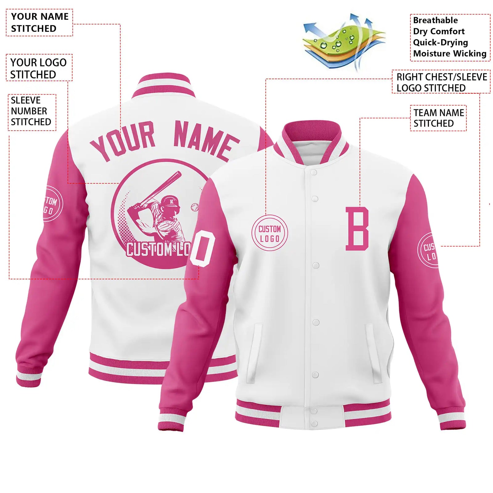 Custom White Pink Bomber Full-Snap Varsity Letterman Two Tone Jacket