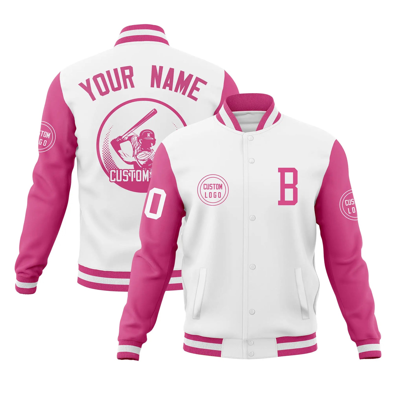 Custom White Pink Bomber Full-Snap Varsity Letterman Two Tone Jacket