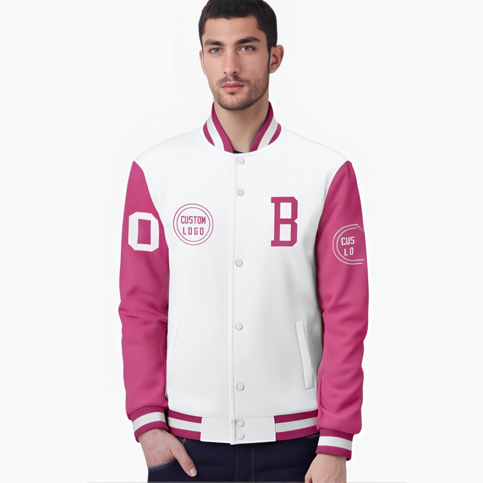 Custom White Pink Bomber Full-Snap Varsity Letterman Two Tone Jacket