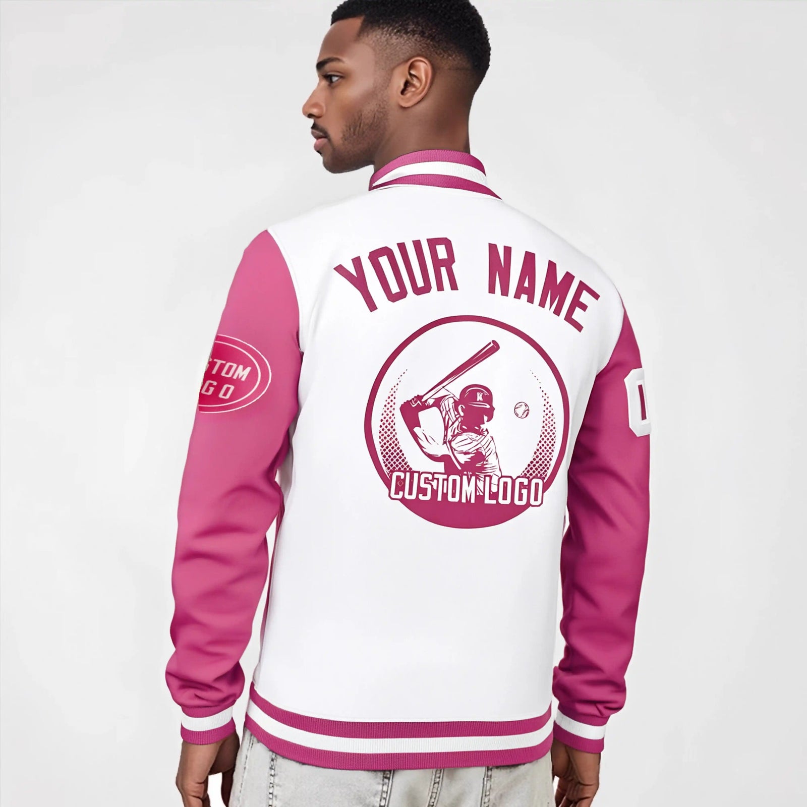 Custom White Pink Bomber Full-Snap Varsity Letterman Two Tone Jacket