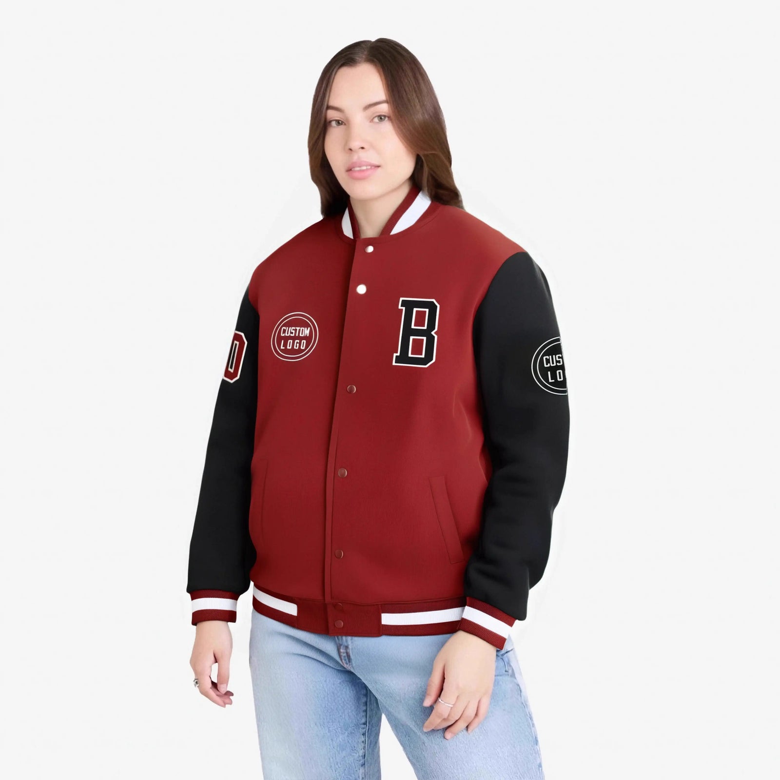 Custom Red Black Bomber Full-Snap Varsity Letterman Two Tone Jacket
