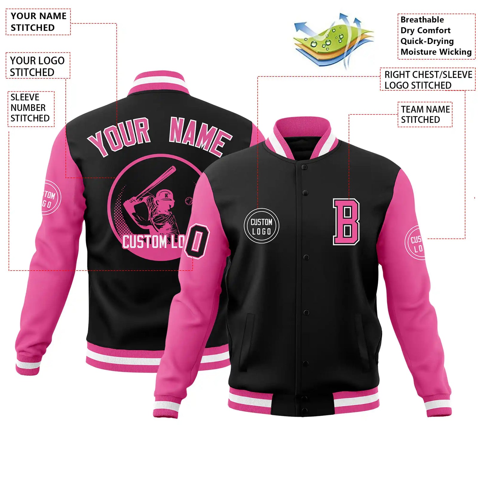 Custom Black Pink Bomber Full-Snap Varsity Letterman Two Tone Jacket