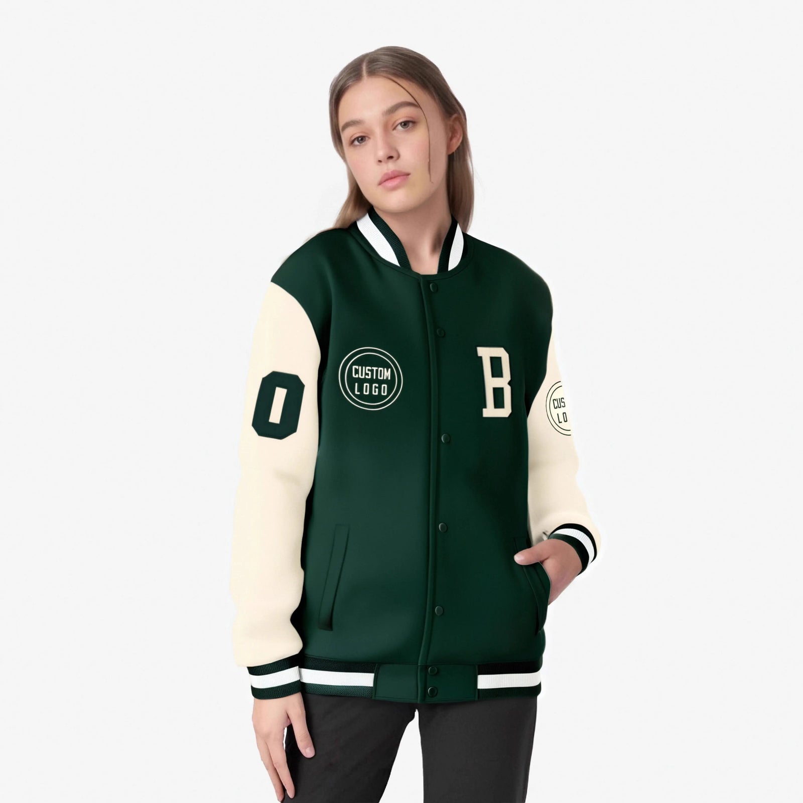 Custom Green Cream Bomber Full-Snap Varsity Letterman Two Tone Jacket