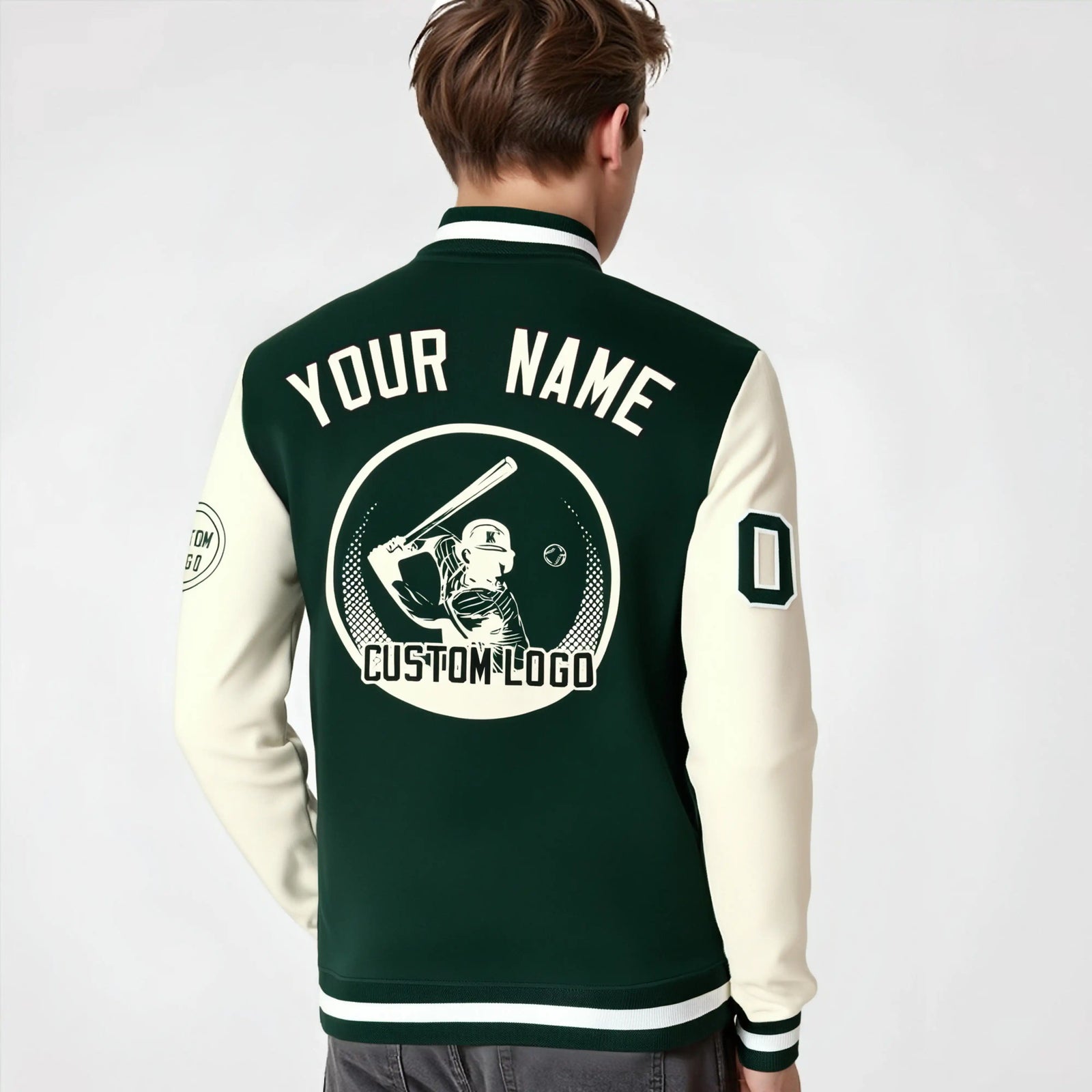 Custom Green Cream Bomber Full-Snap Varsity Letterman Two Tone Jacket