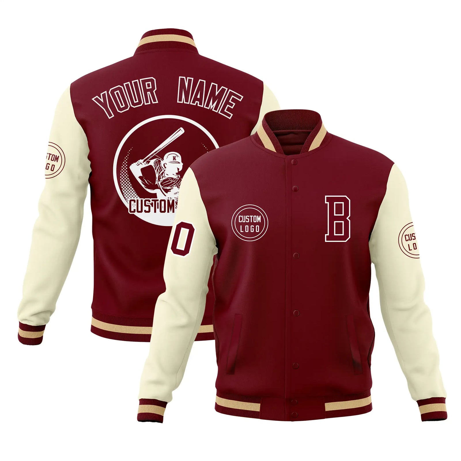 Custom Crimson Khaki Bomber Full-Snap Varsity Letterman Two Tone Jacket