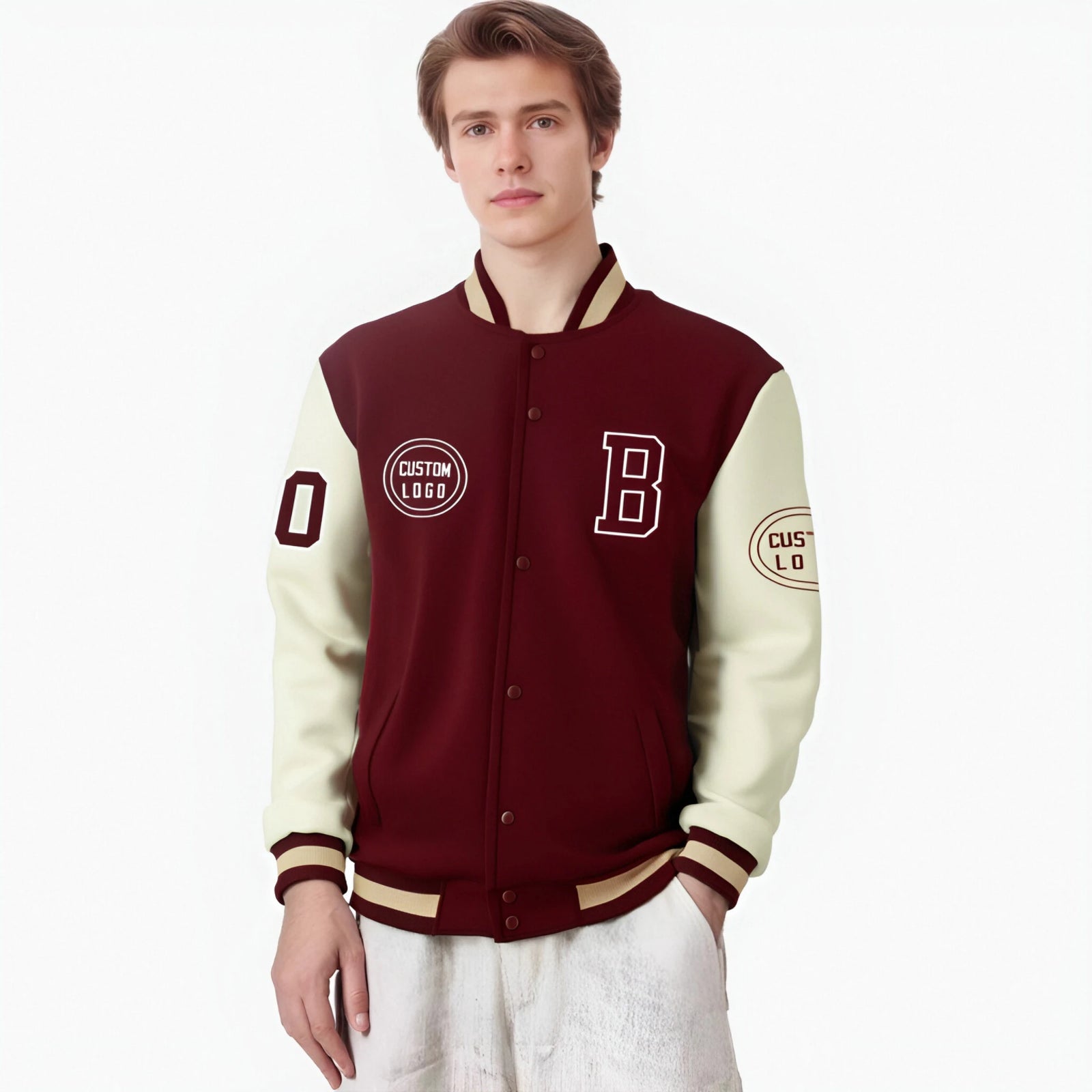 Custom Crimson Khaki Bomber Full-Snap Varsity Letterman Two Tone Jacket