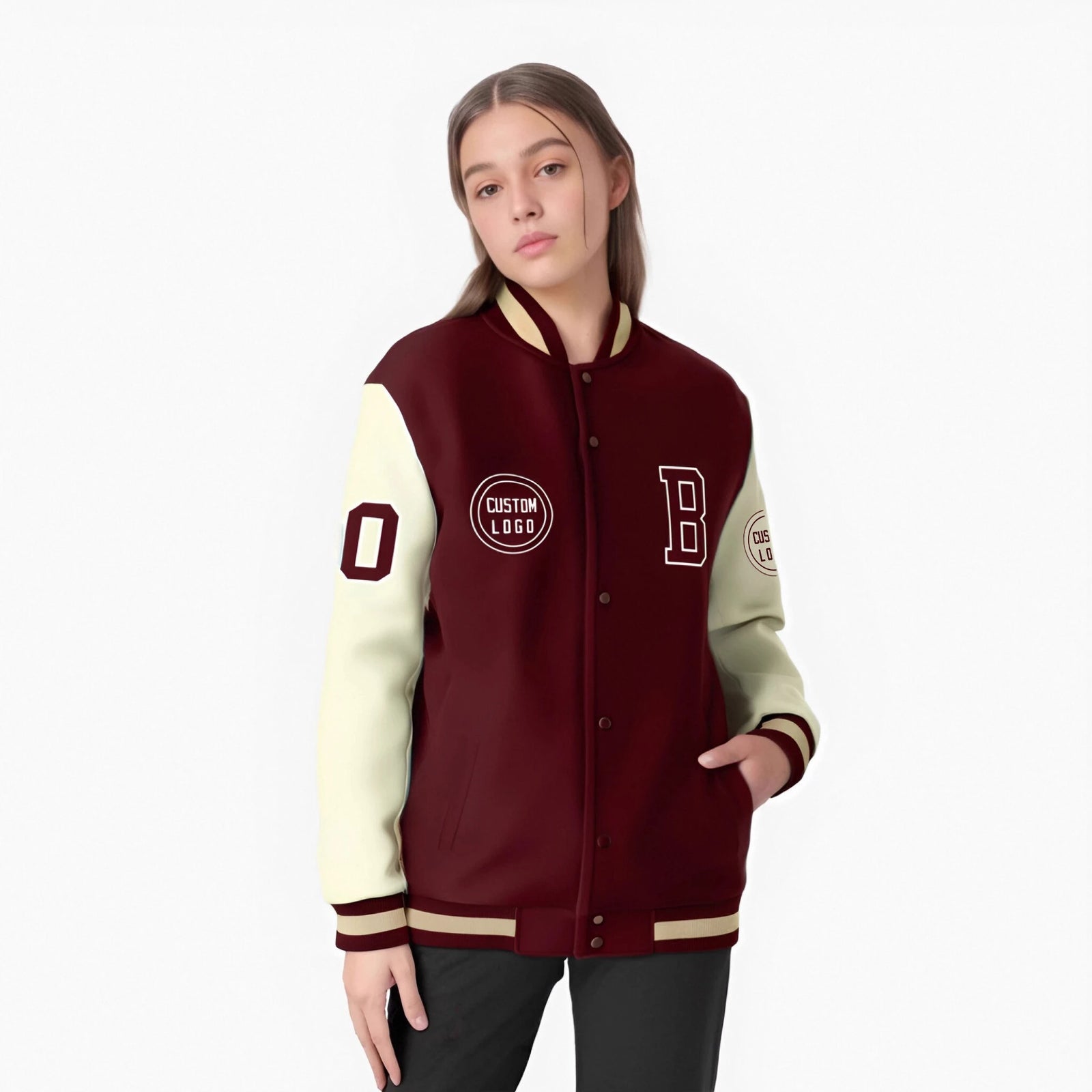 Custom Crimson Khaki Bomber Full-Snap Varsity Letterman Two Tone Jacket