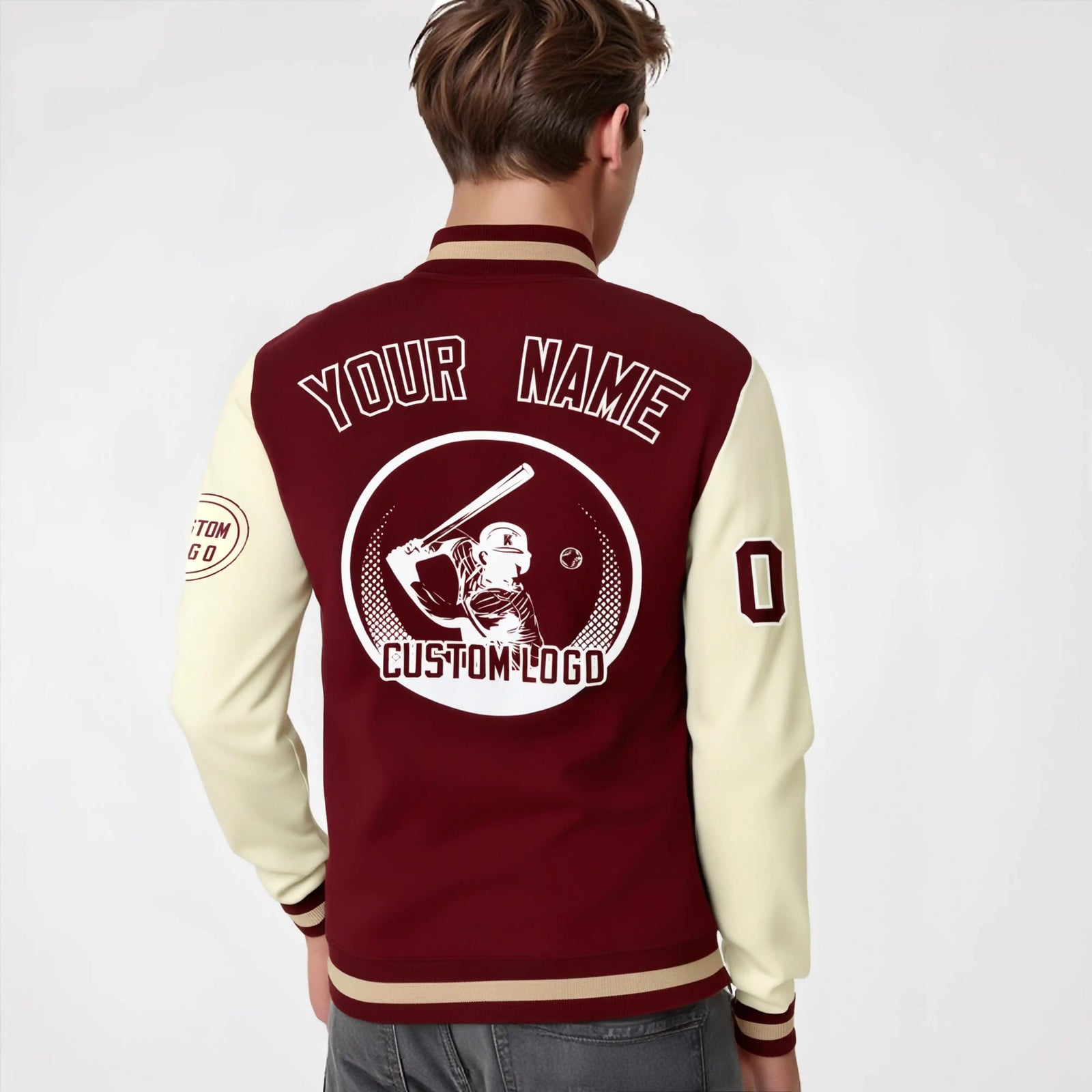 Custom Crimson Khaki Bomber Full-Snap Varsity Letterman Two Tone Jacket
