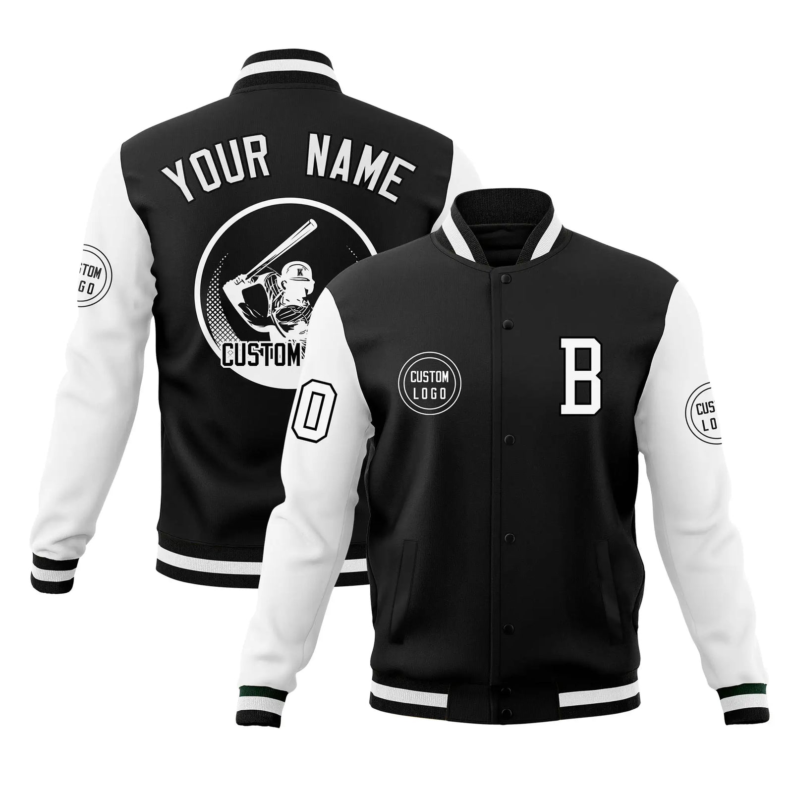 Custom Black White Bomber Full-Snap Varsity Letterman Two Tone Jacket
