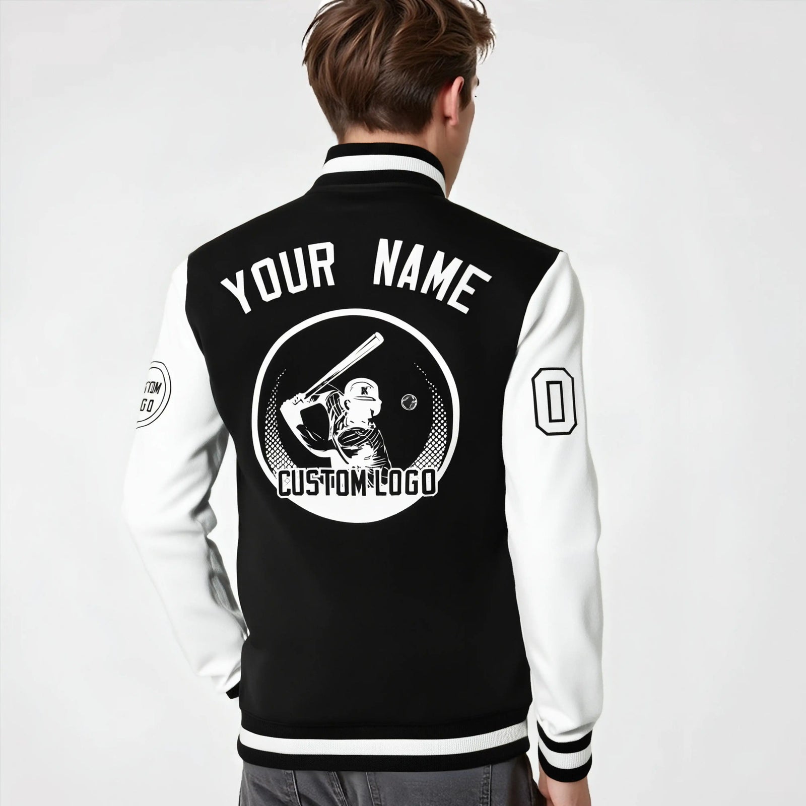 Custom Black White Bomber Full-Snap Varsity Letterman Two Tone Jacket