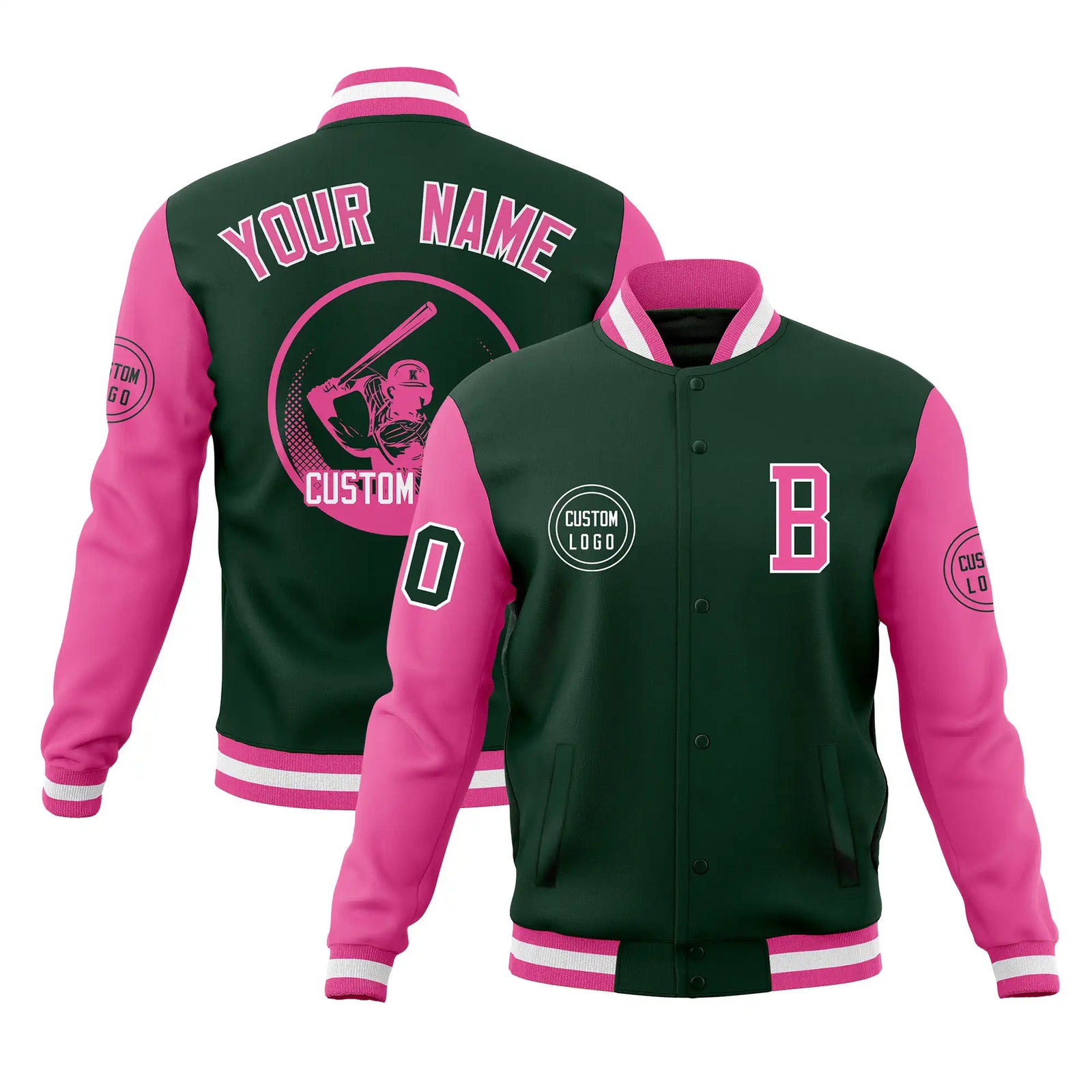 Custom Green Pink Bomber Full-Snap Varsity Letterman Two Tone Jacket