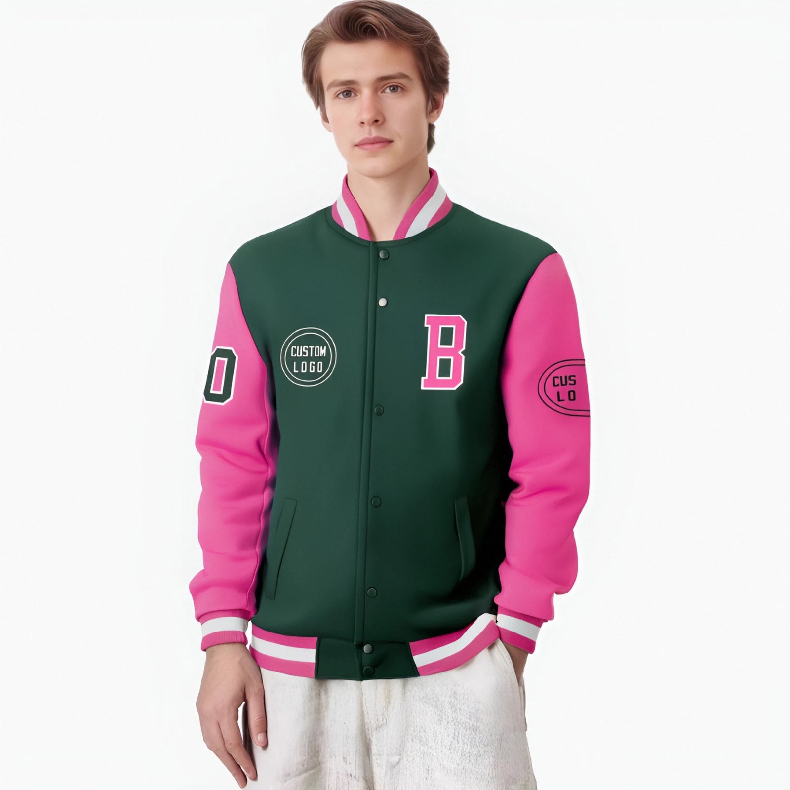 Custom Green Pink Bomber Full-Snap Varsity Letterman Two Tone Jacket