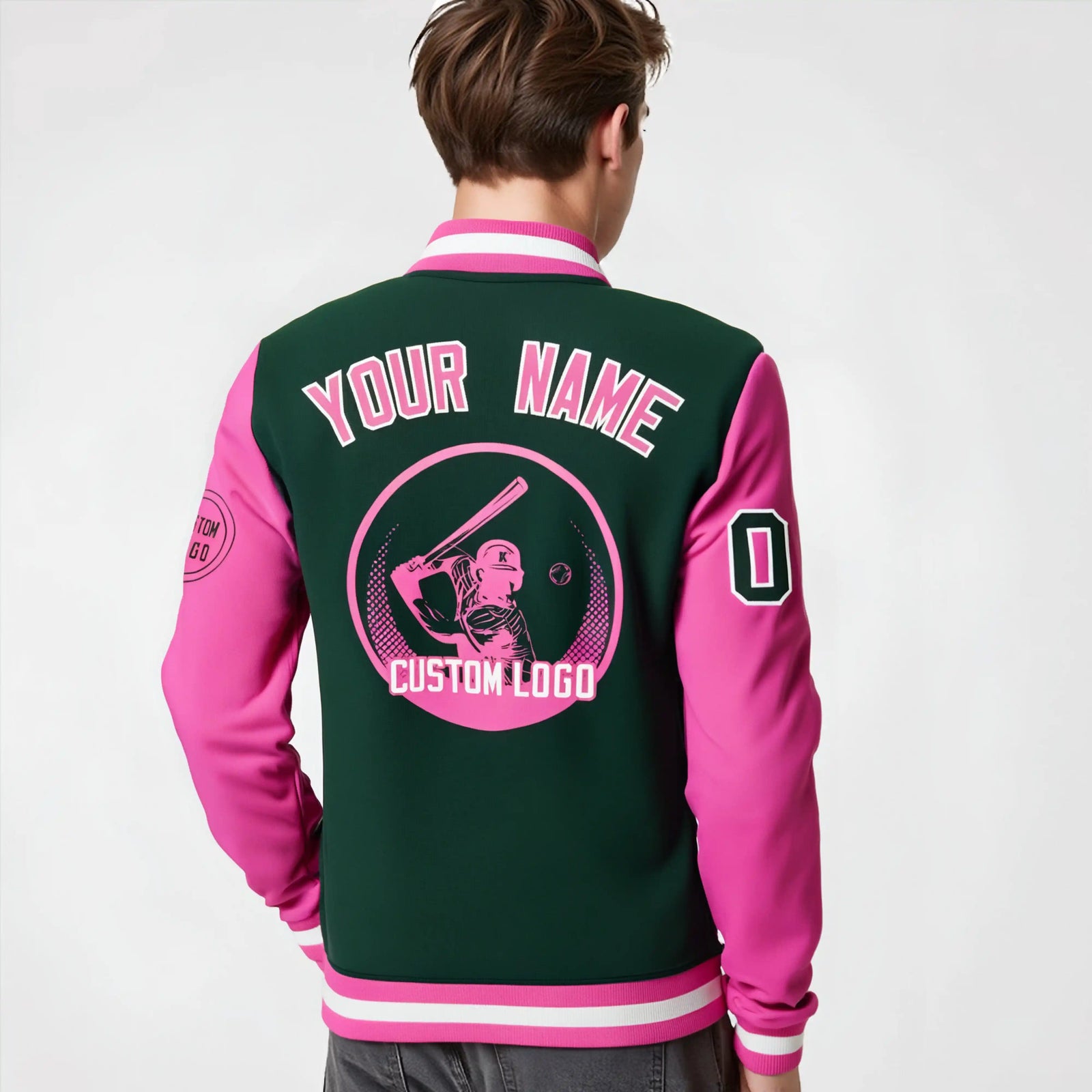 Custom Green Pink Bomber Full-Snap Varsity Letterman Two Tone Jacket