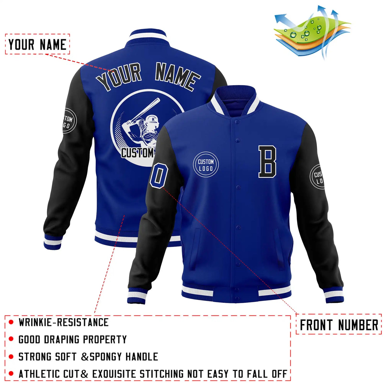 Custom Royal Blue White Bomber Full-Snap Varsity Letterman Two Tone Jacket