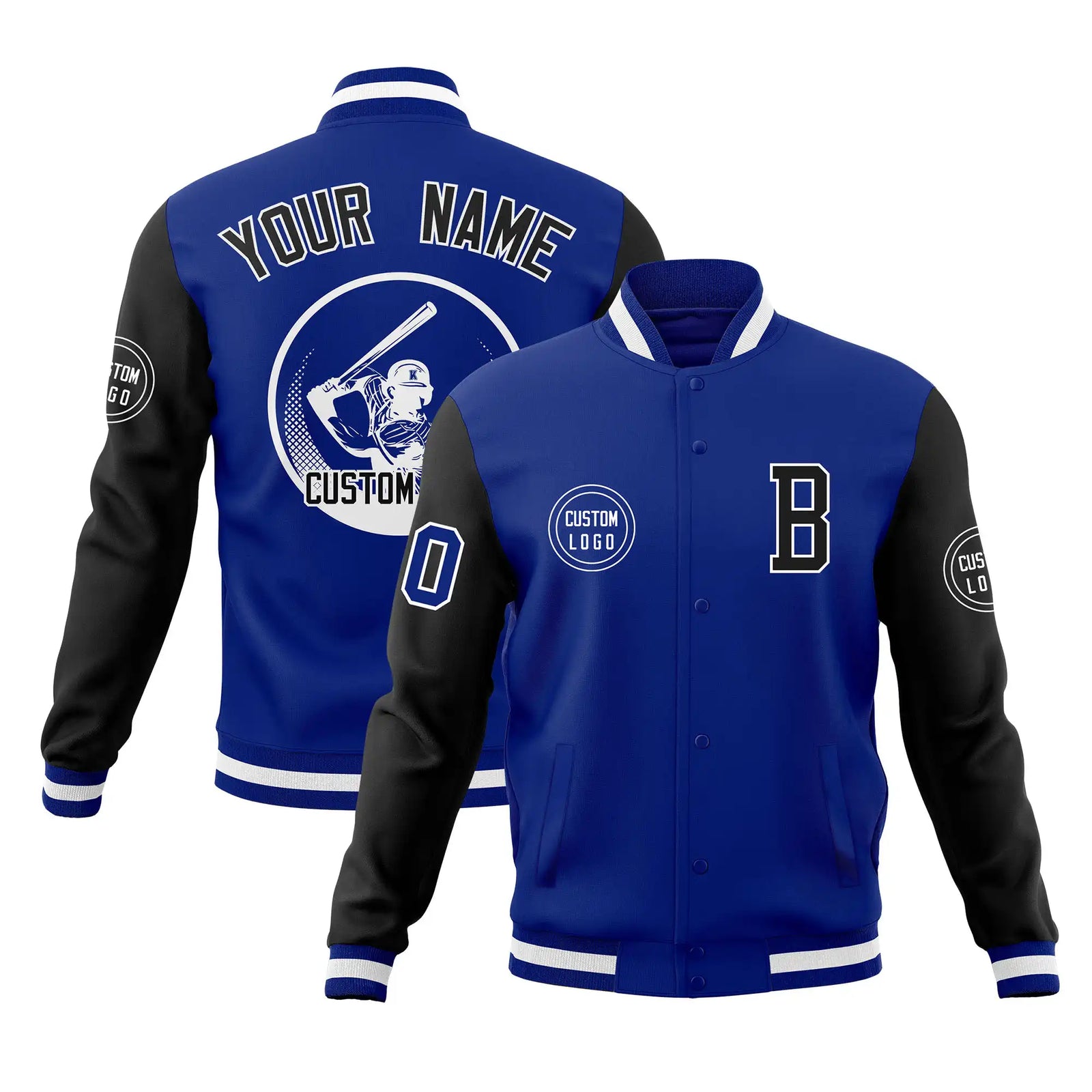 Custom Royal Blue White Bomber Full-Snap Varsity Letterman Two Tone Jacket