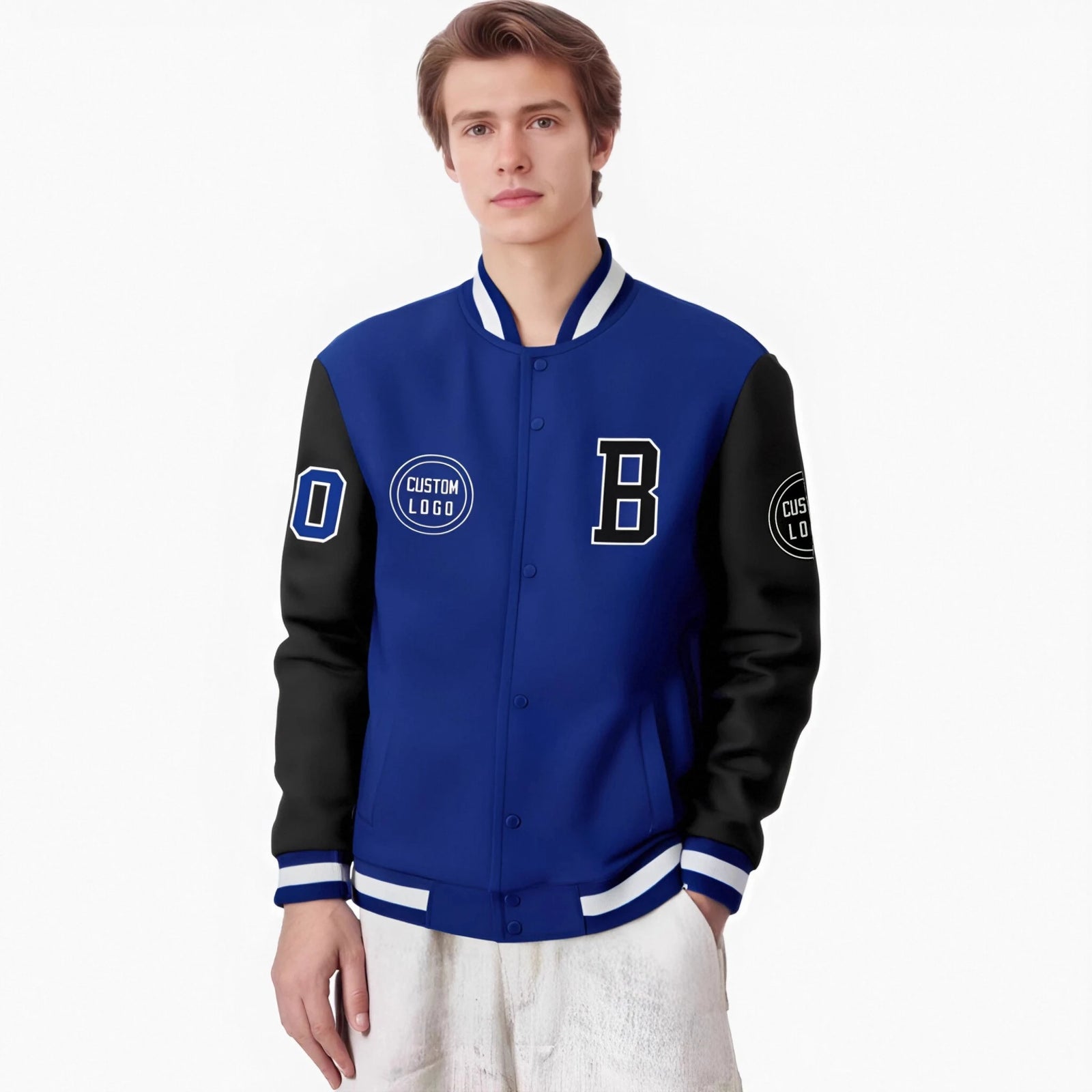 Custom Royal Blue White Bomber Full-Snap Varsity Letterman Two Tone Jacket