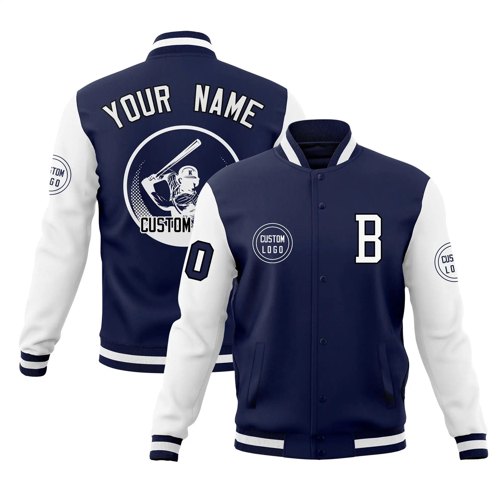 Custom Navy White Bomber Full-Snap Varsity Letterman Two Tone Jacket