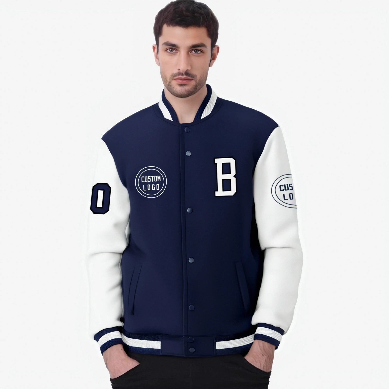 Custom Navy White Bomber Full-Snap Varsity Letterman Two Tone Jacket