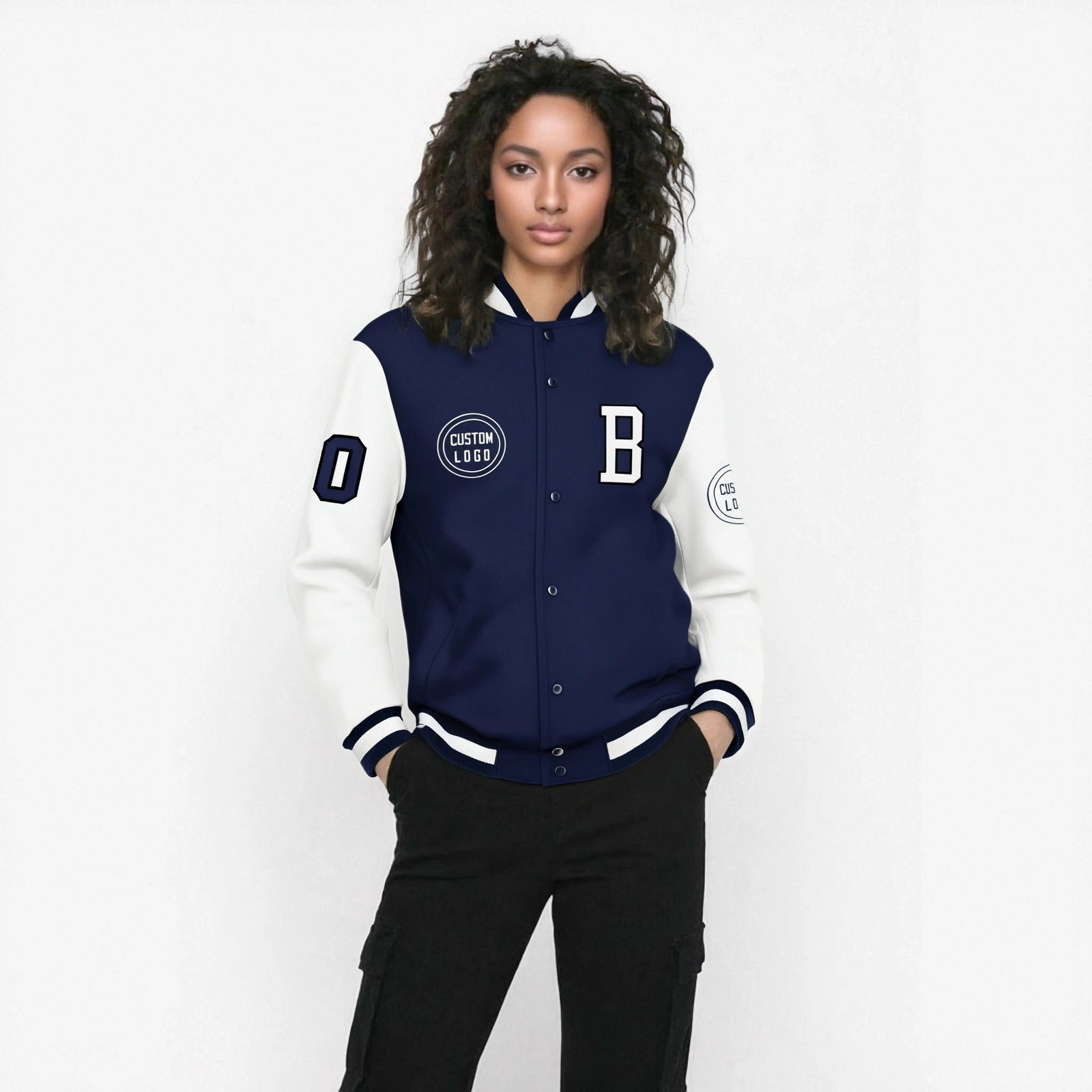 Custom Navy White Bomber Full-Snap Varsity Letterman Two Tone Jacket