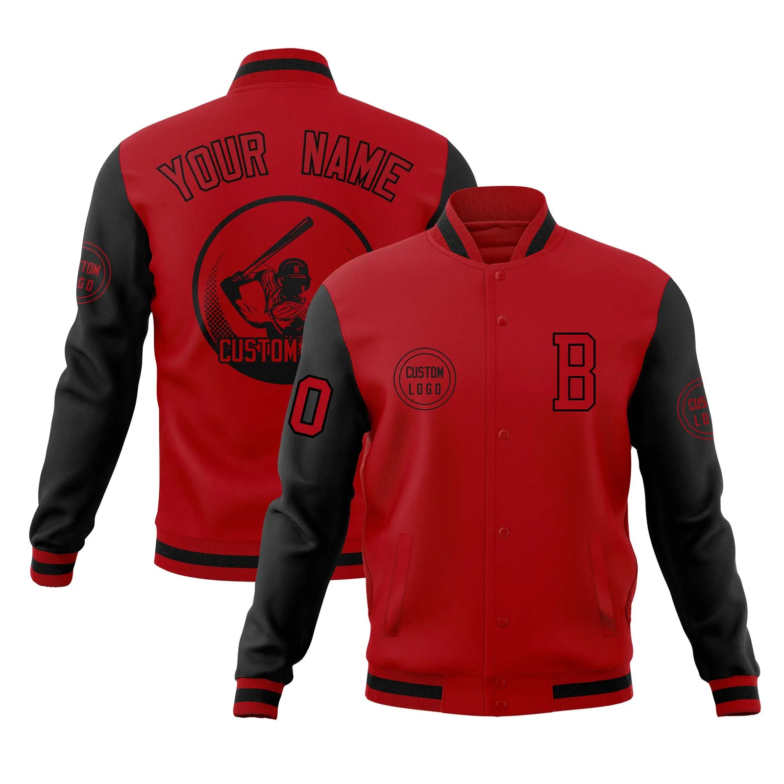 Custom Red Black Bomber Full-Snap Varsity Letterman Two Tone Jacket