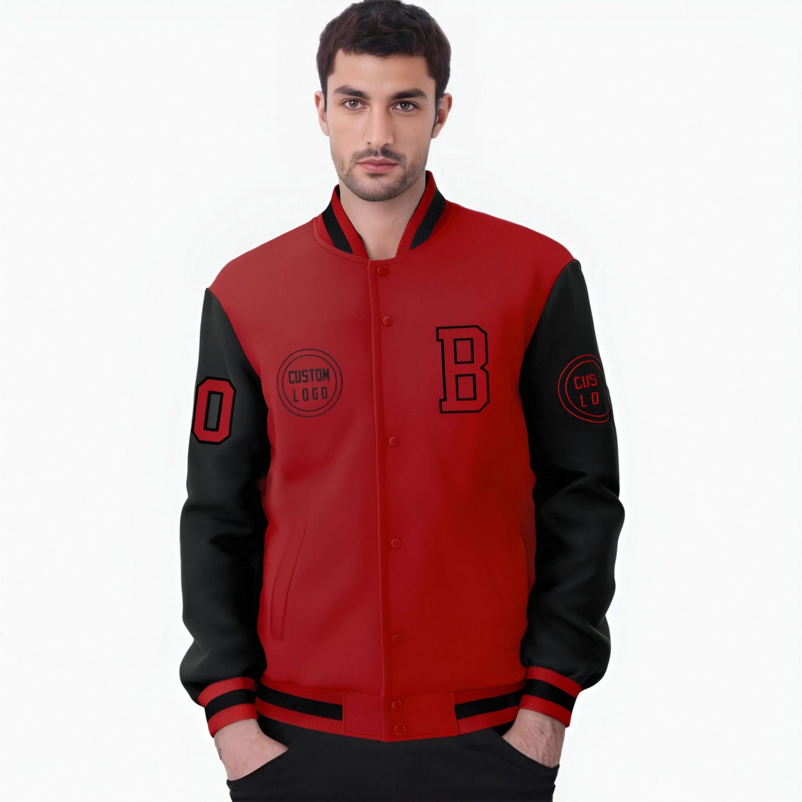 Custom Red Black Bomber Full-Snap Varsity Letterman Two Tone Jacket