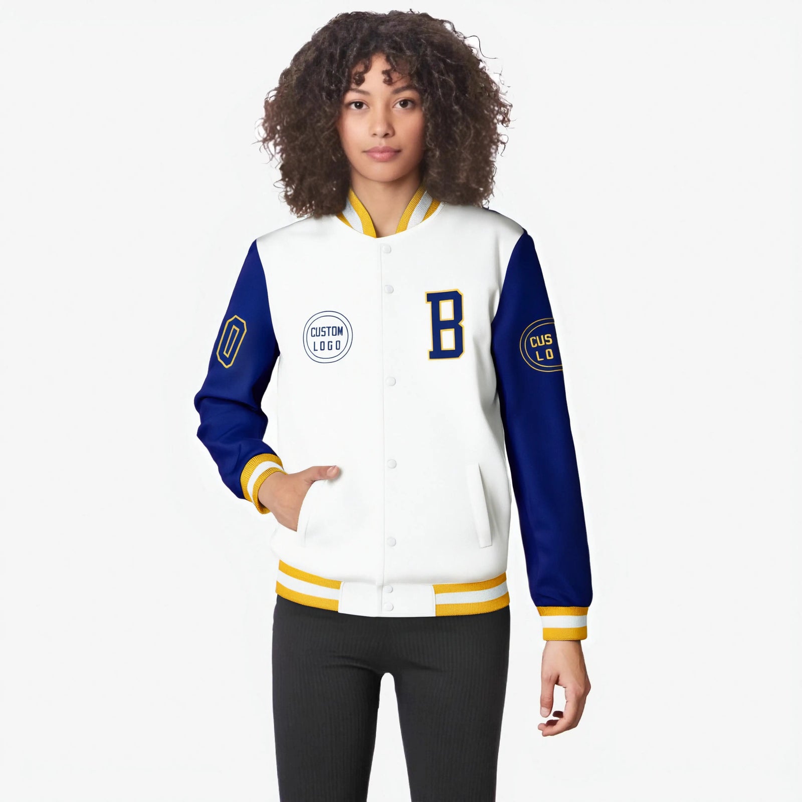 Custom White Royal Blue Bomber Full-Snap Varsity Letterman Two Tone Jacket