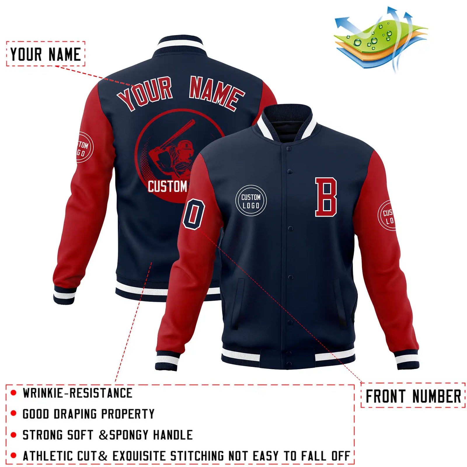 Custom Navy Red Bomber Full-Snap Varsity Letterman Two Tone Jacket