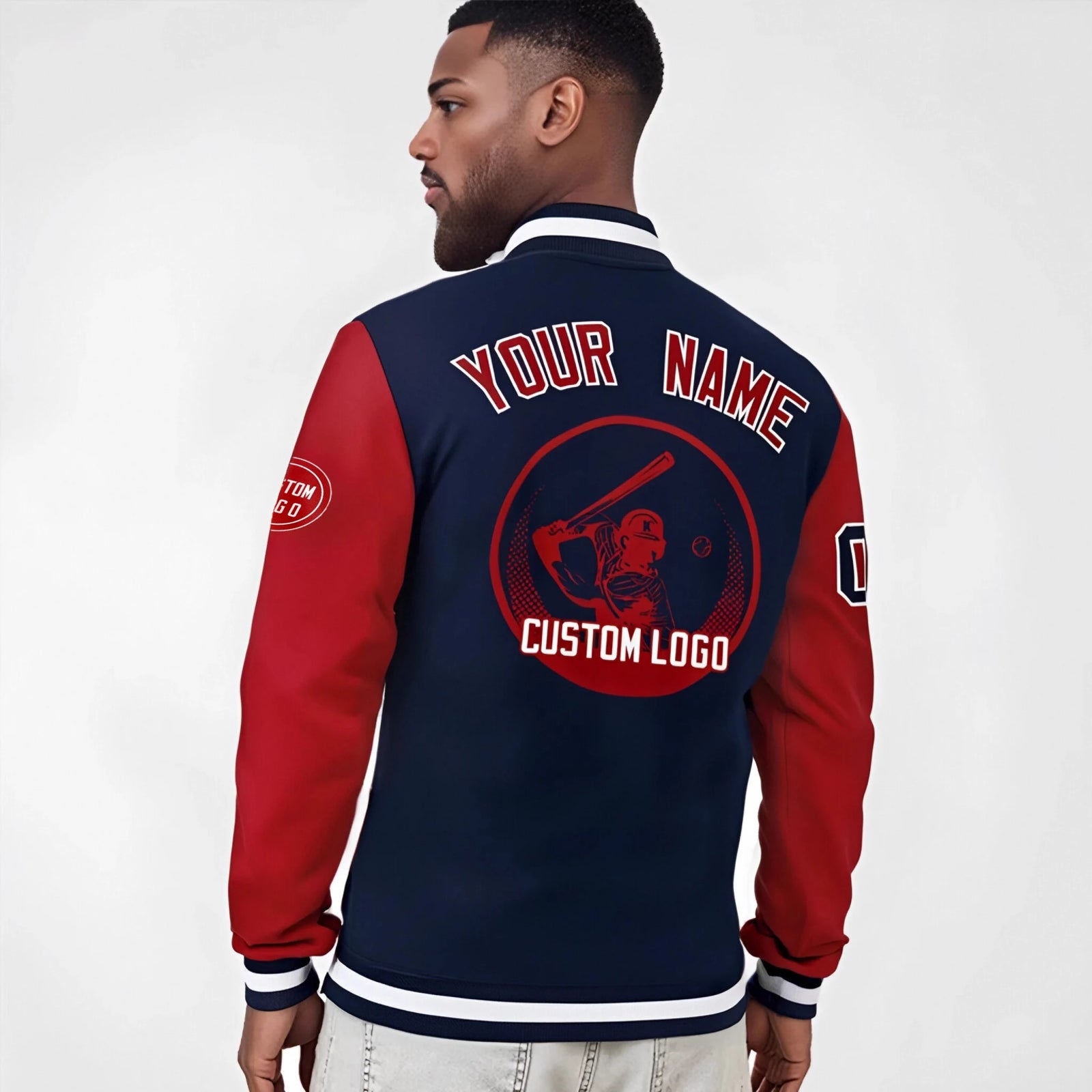 Custom Navy Red Bomber Full-Snap Varsity Letterman Two Tone Jacket
