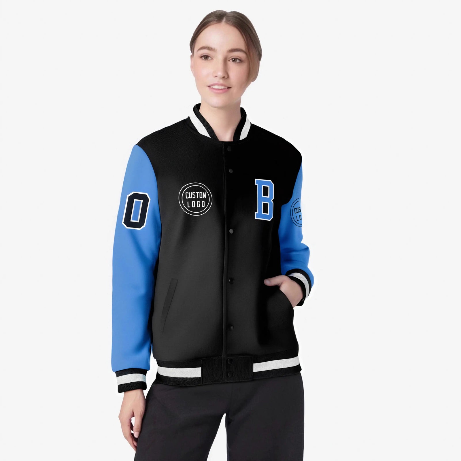 Custom Black Powder Blue Bomber Full-Snap Varsity Letterman Two Tone Jacket