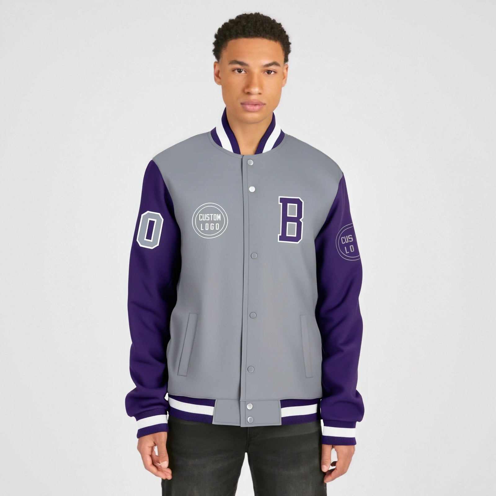 Custom Gray Purple Bomber Full-Snap Varsity Letterman Two Tone Jacket