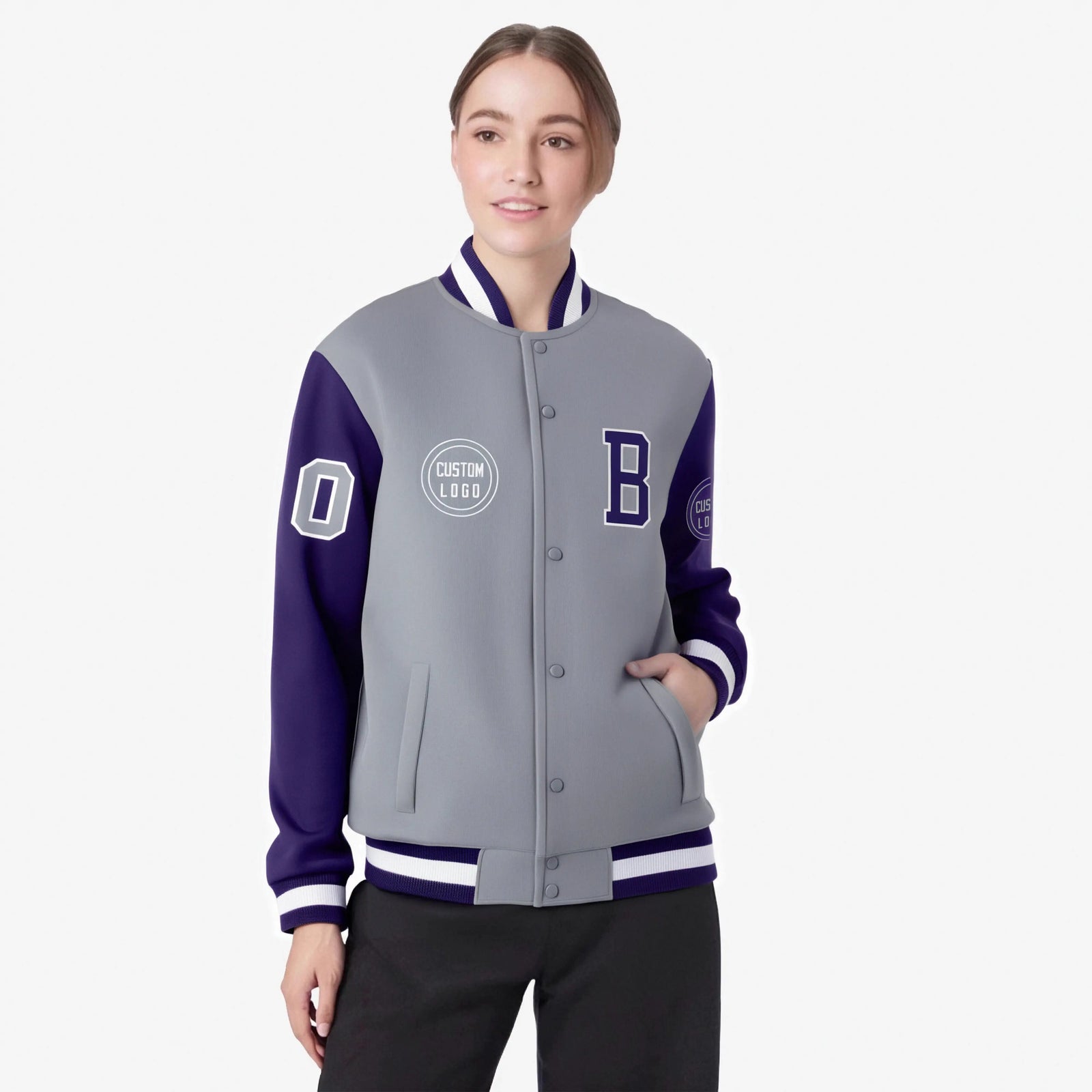 Custom Gray Purple Bomber Full-Snap Varsity Letterman Two Tone Jacket