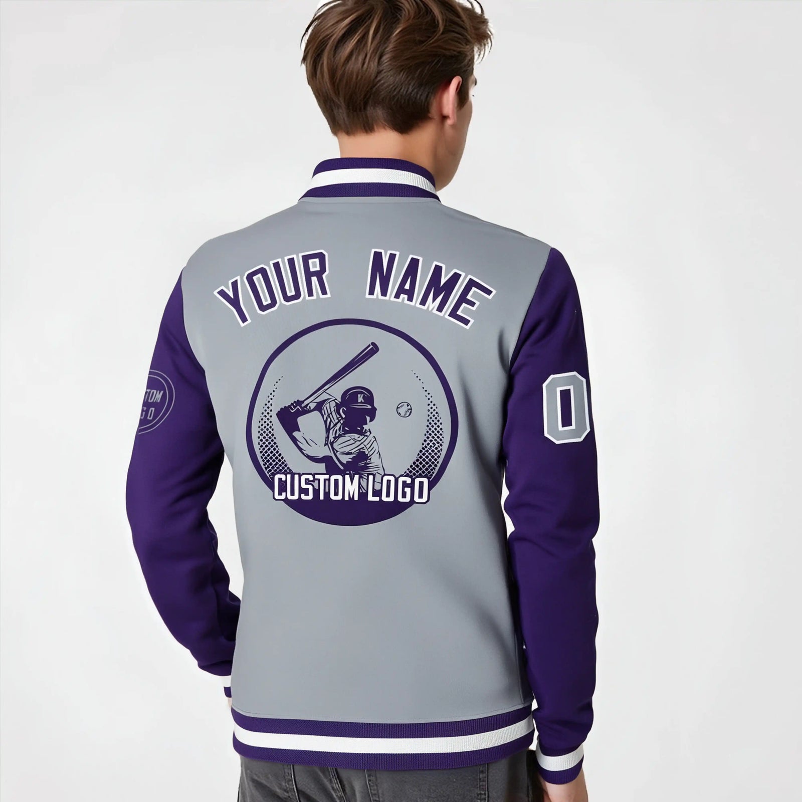 Custom Gray Purple Bomber Full-Snap Varsity Letterman Two Tone Jacket