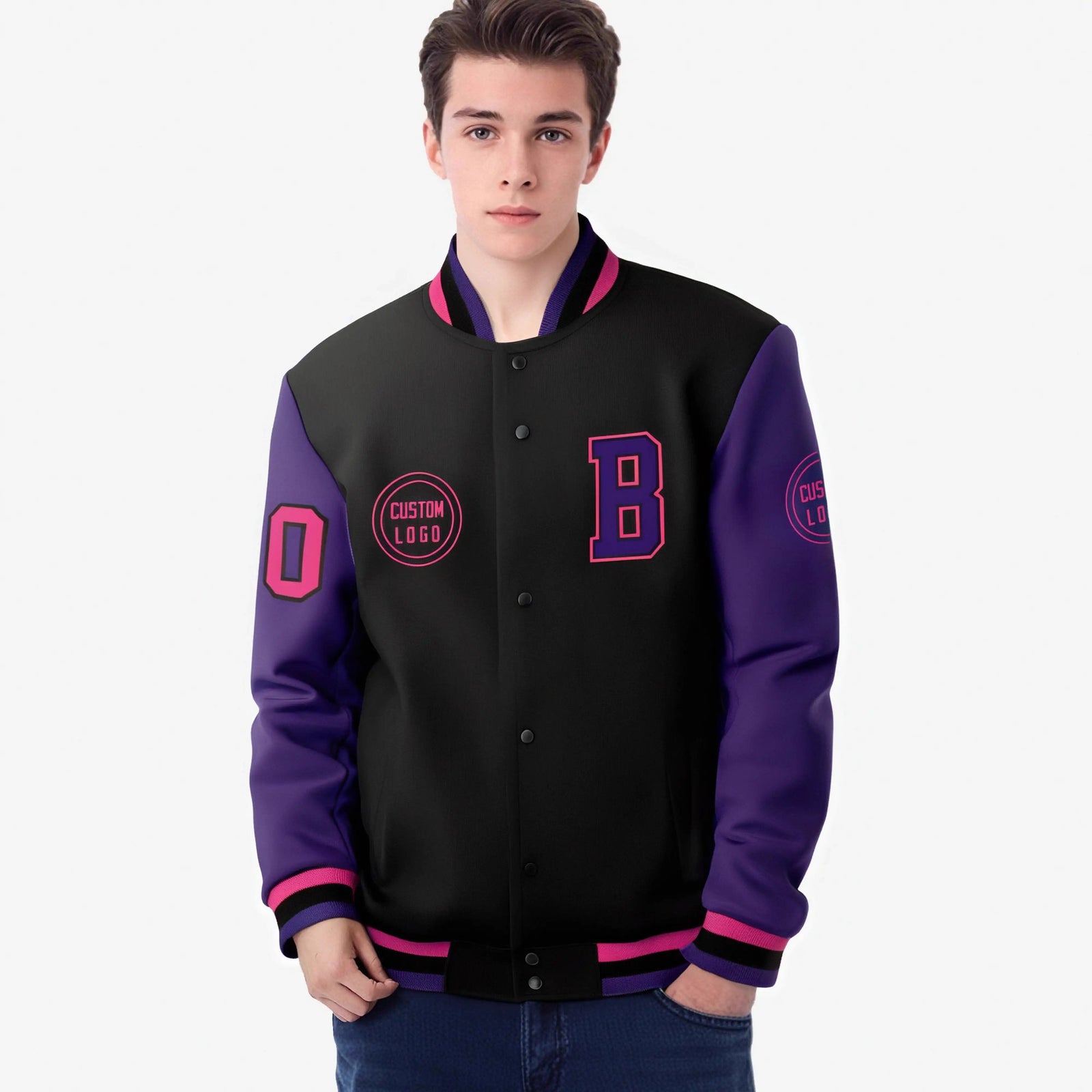 Custom Black Purple Bomber Full-Snap Varsity Letterman Two Tone Jacket