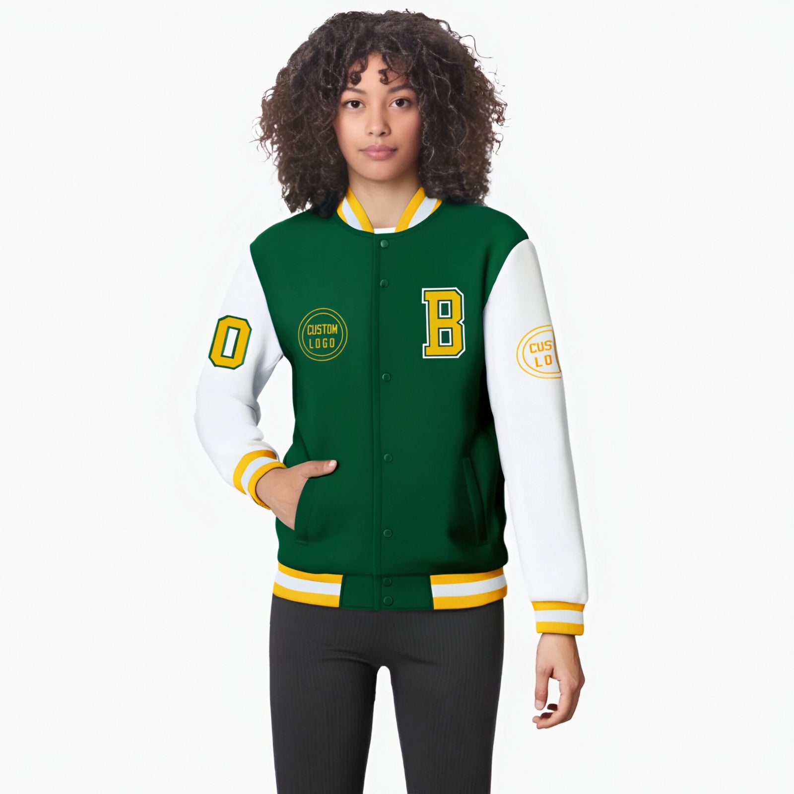 Custom Green White Bomber Full-Snap Varsity Letterman Two Tone Jacket