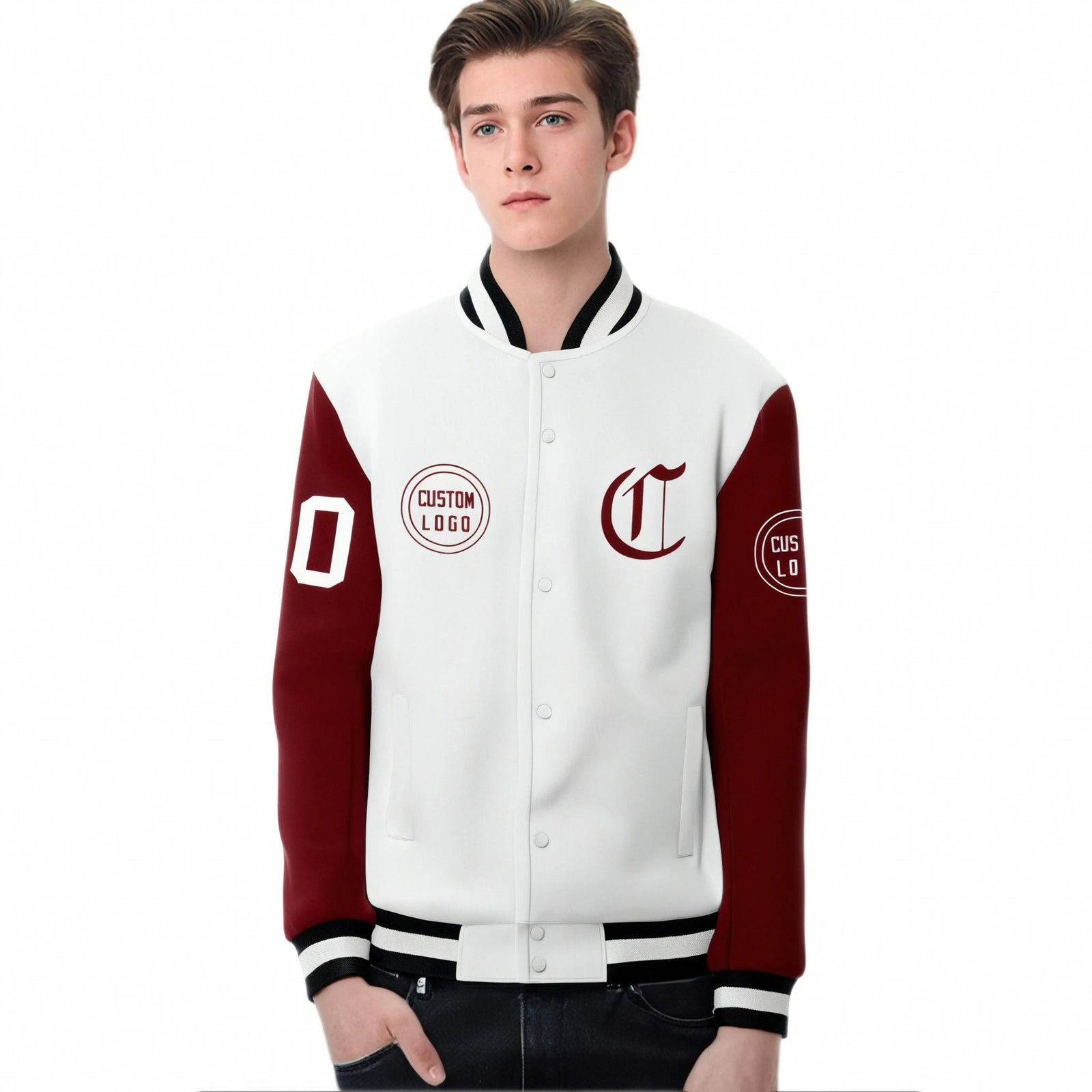 Custom White Crimson Bomber Full-Snap Varsity Letterman Two Tone Jacket