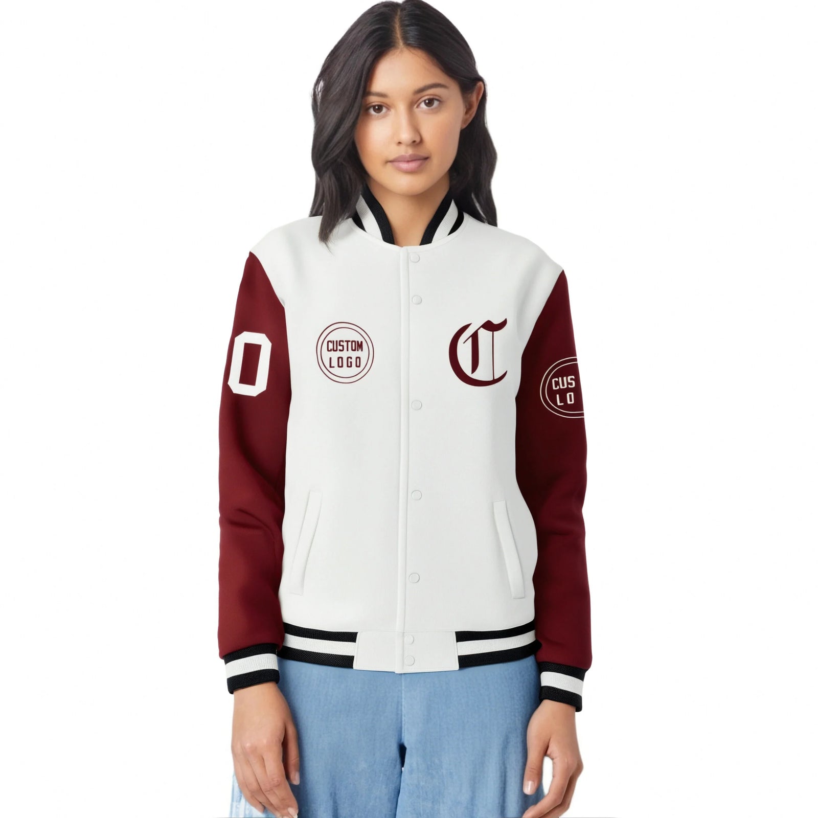 Custom White Crimson Bomber Full-Snap Varsity Letterman Two Tone Jacket