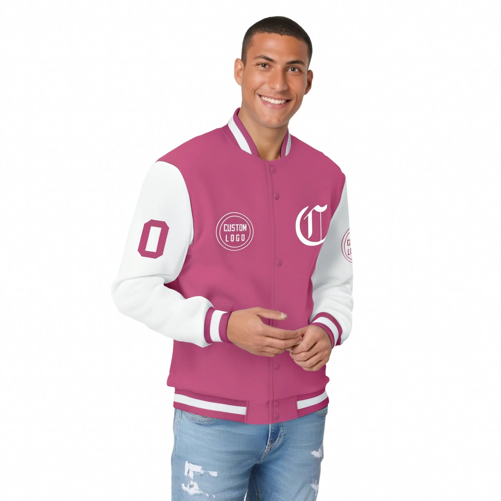 Custom Pink White Bomber Full-Snap Varsity Letterman Two Tone Jacket